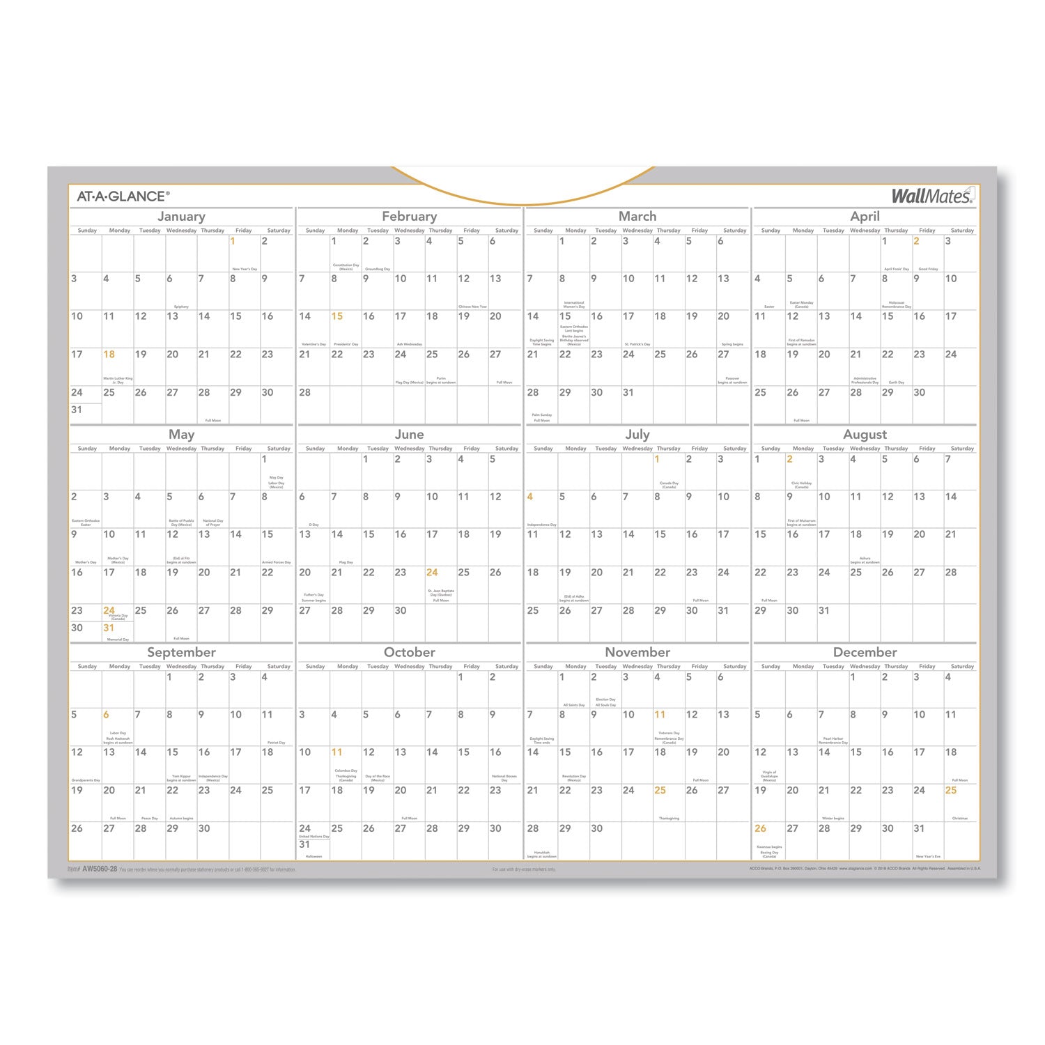 WallMates Self-Adhesive Dry Erase Yearly Planning Surfaces, 24 x 18, White/Gray/Orange Sheets, 12-Month (Jan to Dec): 2025