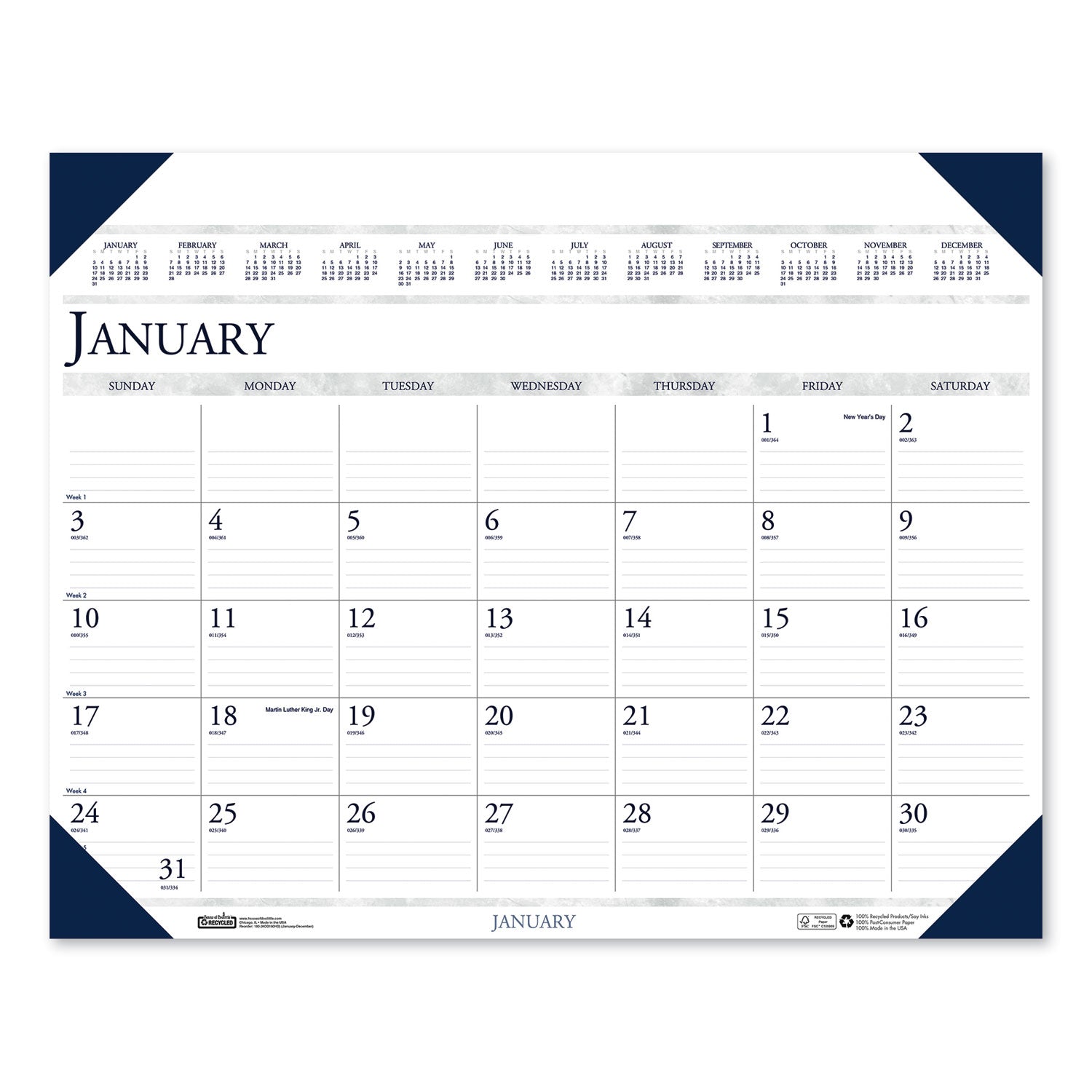Executive Monthly Desk Pad Calendar, 24 x 19, White/Blue Sheets, Blue Corners, 12-Month (Jan to Dec): 2025