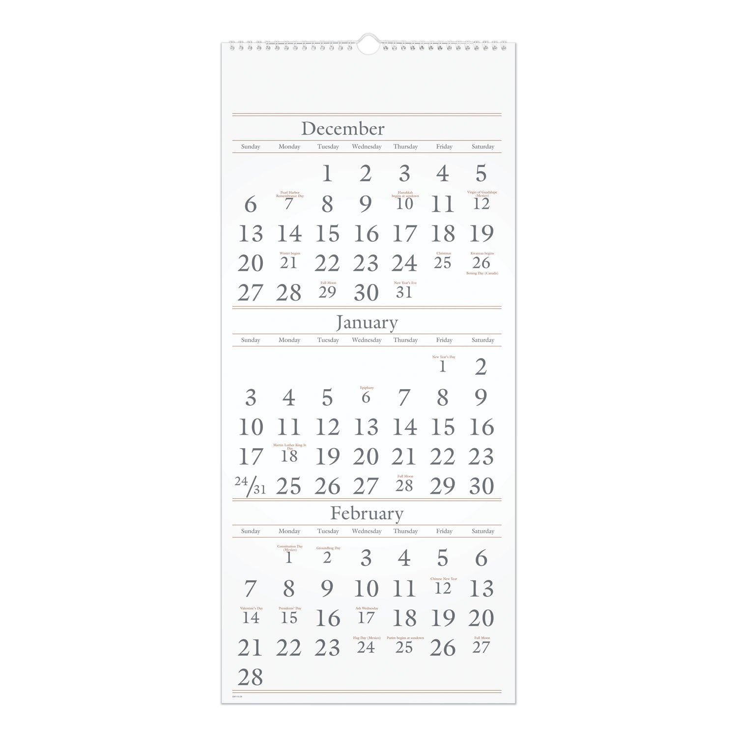 Three-Month Reference Wall Calendar, 12 x 27, White Sheets, 15-Month: Dec 2024 to Feb 2026