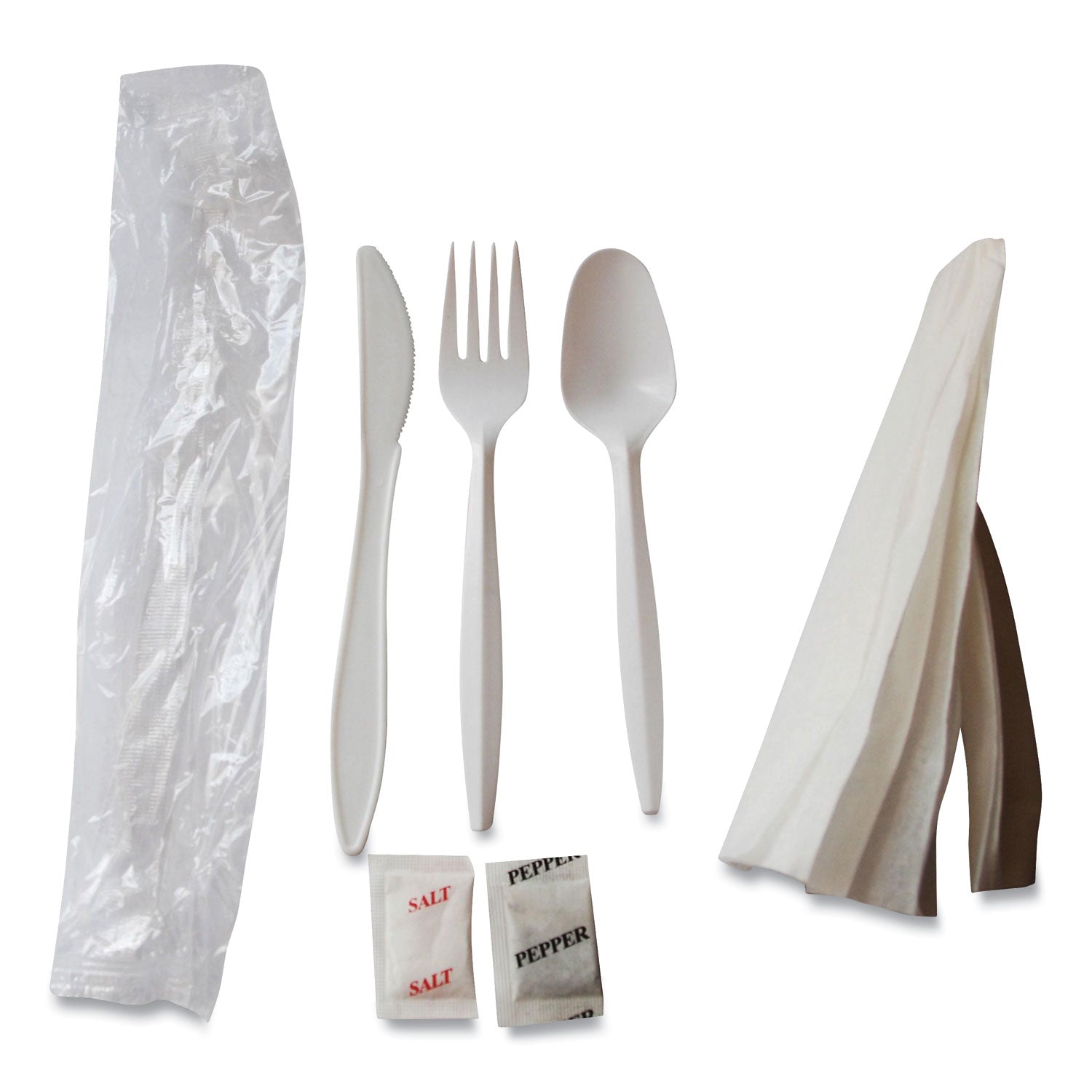 Berkley Square Mediumweight Cutlery Kit, Fork/Knife/Napkin/Pepper/Salt/Spoon, Plastic, White, 250/Carton