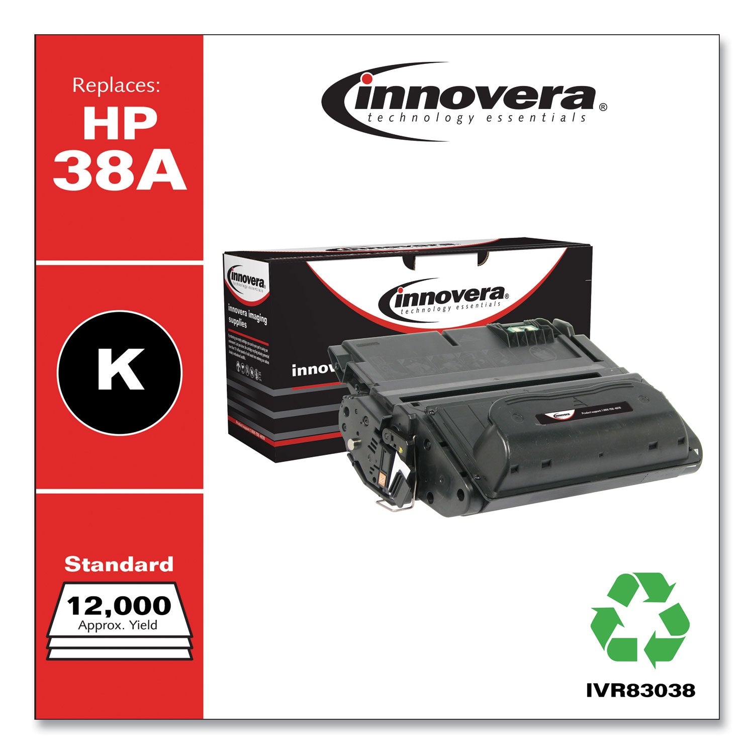 Innovera® Remanufactured Black Toner, Replacement for 38A (Q1338A), 12,000 Page-Yield