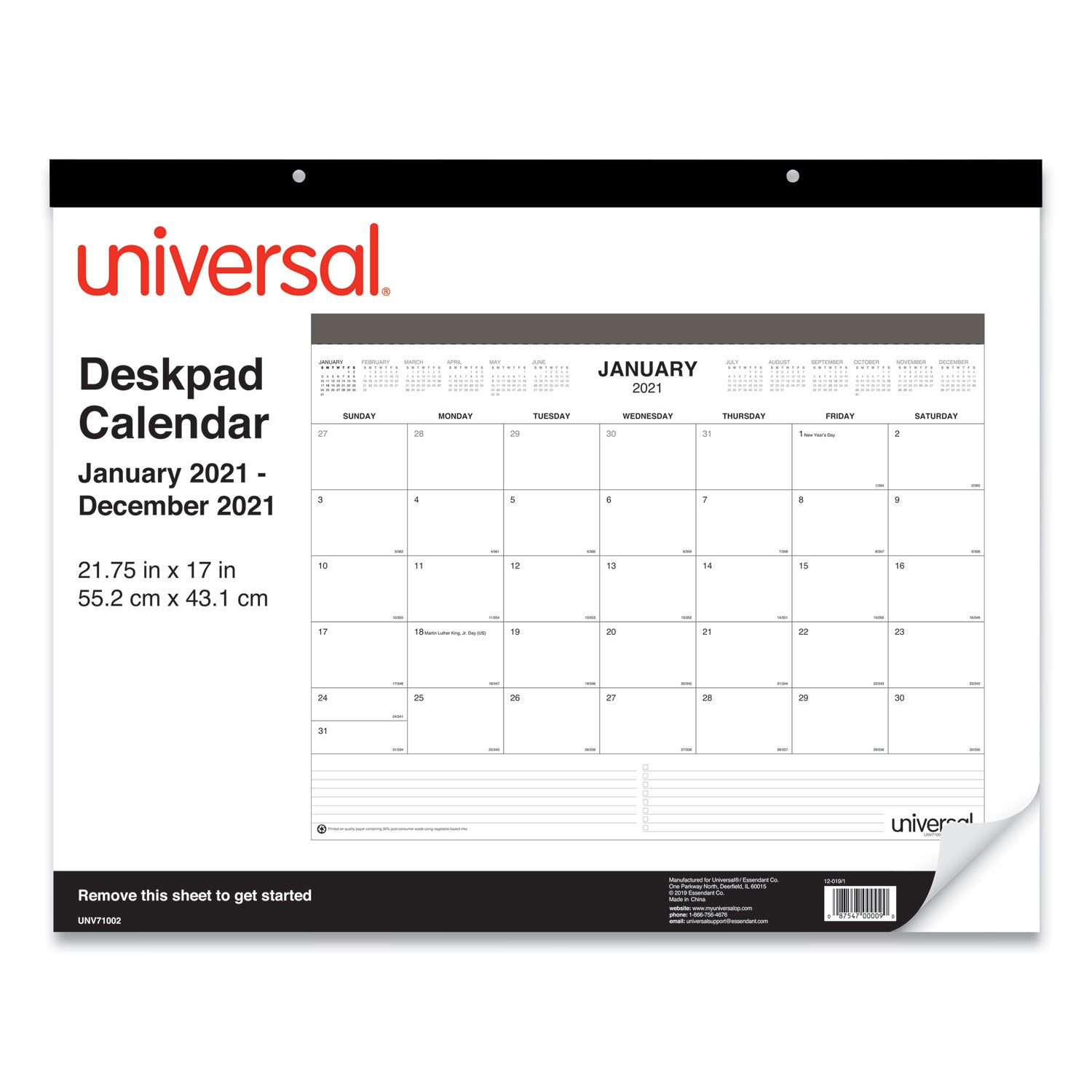 Universal® Desk Pad Calendar, 22 x 17, White Sheets, Black Binding, Clear Corners, 12-Month (Jan to Dec): 2025