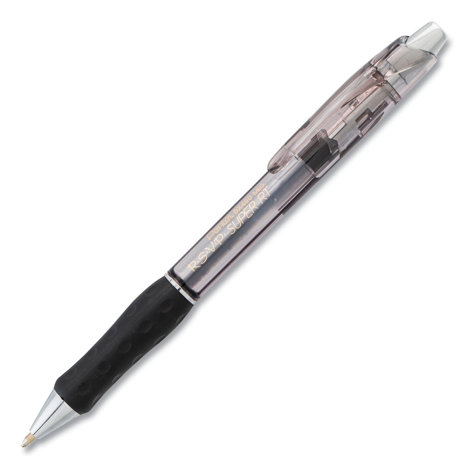 Pentel® R.S.V.P. Super RT Ballpoint Pen, Retractable, Medium 1 mm, Black Ink, Clear/Black Barrel, Dozen