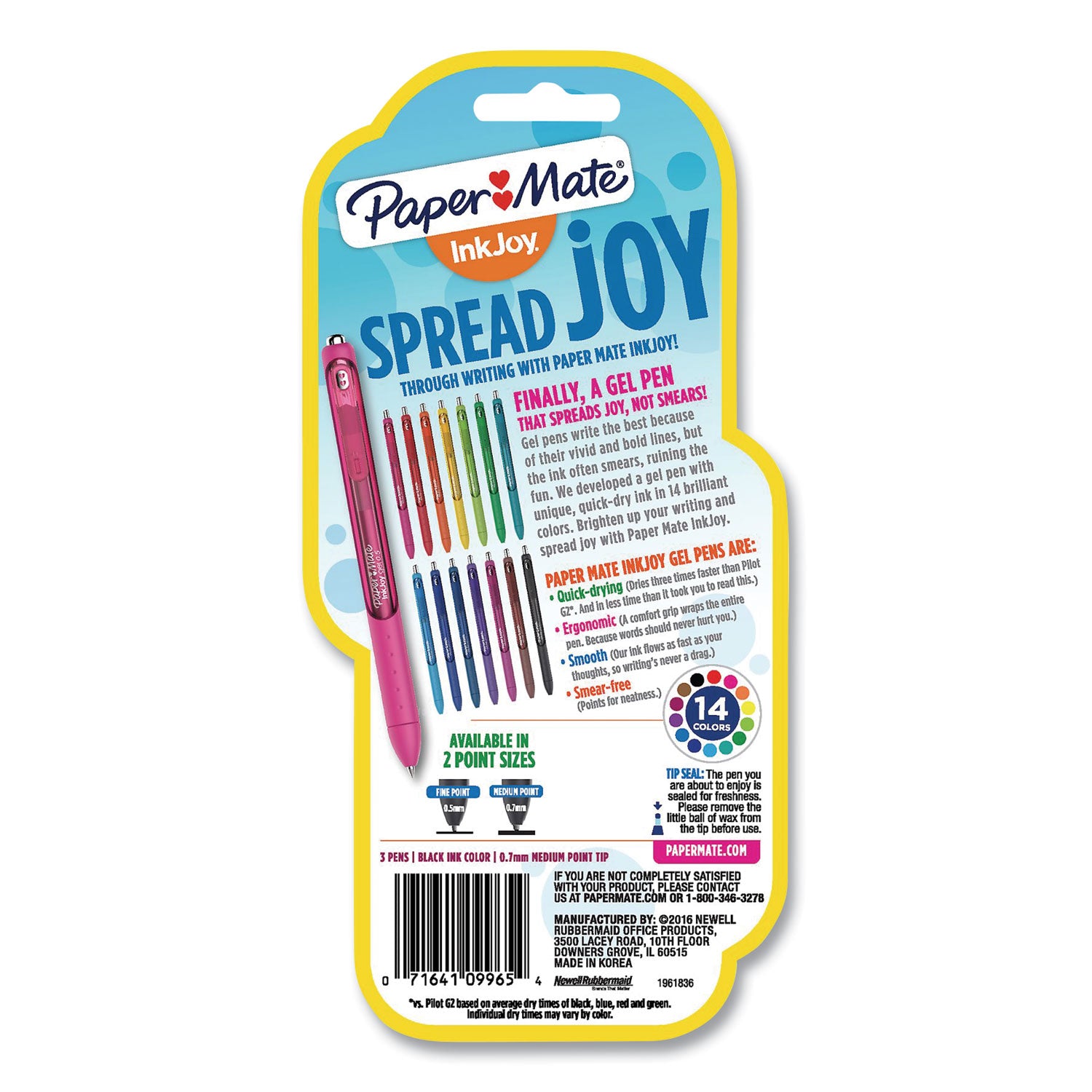 Paper Mate® InkJoy Gel Pen, Retractable, Medium 0.7 mm, Black Ink, Black/Smoke Barrel, 3/Pack