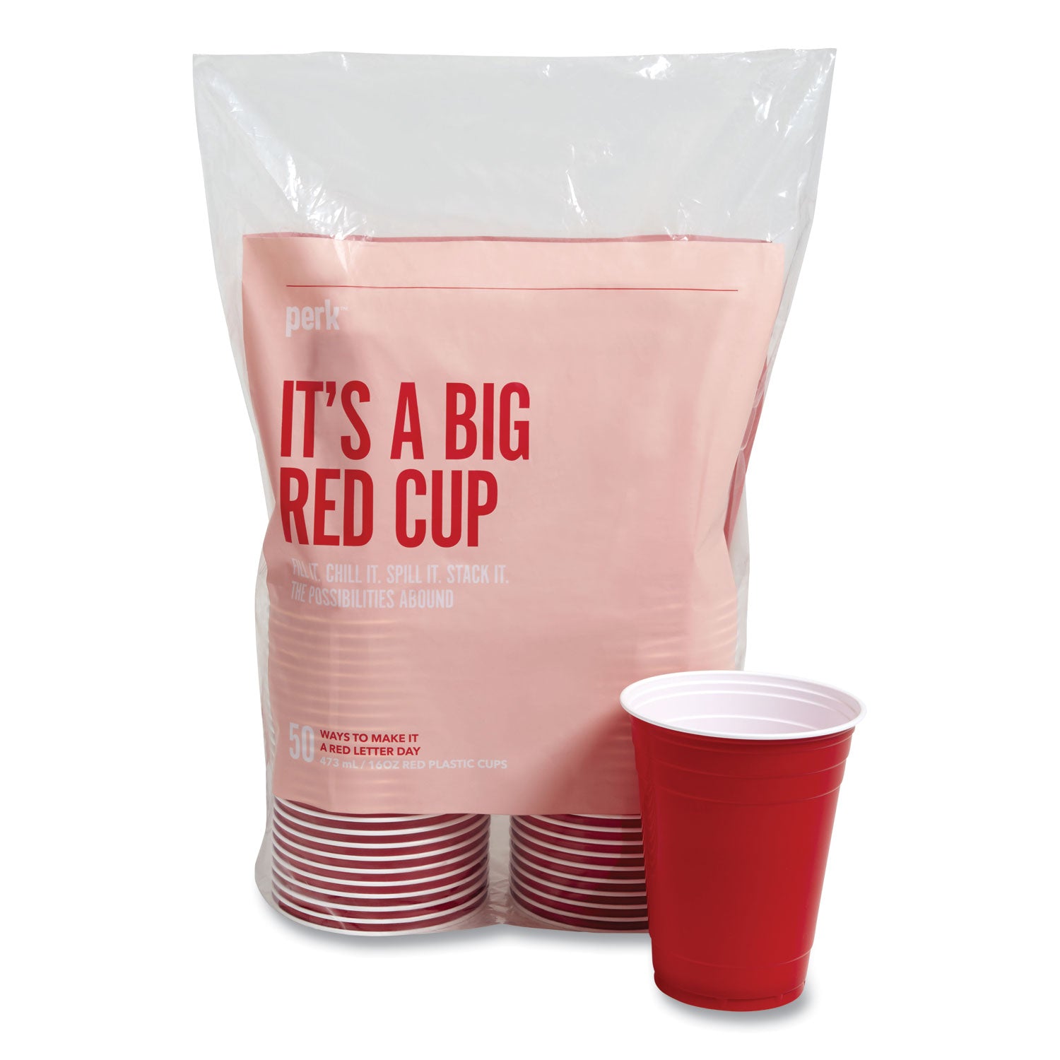 Perk™ Plastic Cold Cups, 16 Oz, Red, 50/pack