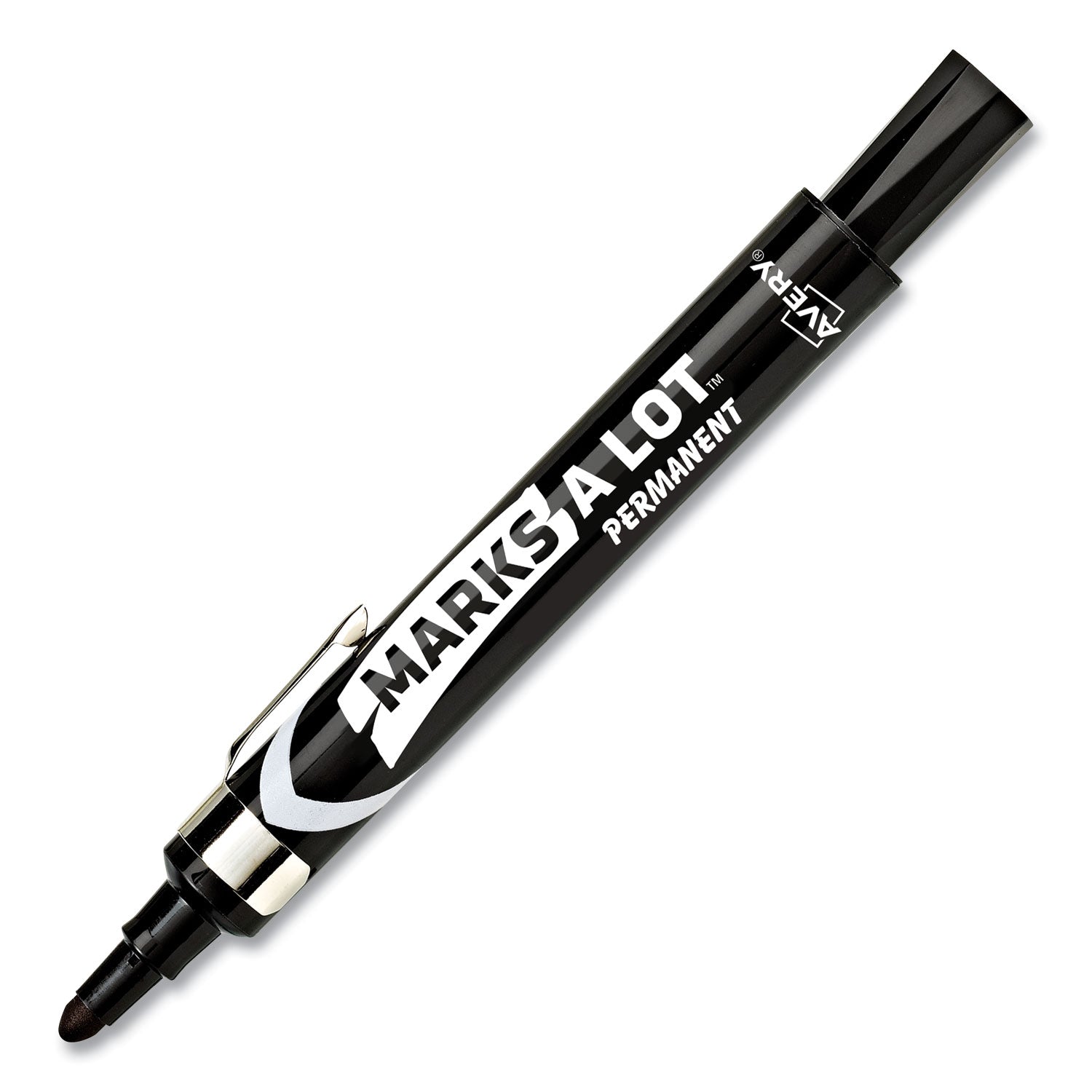 Avery® Marks A Lot Large Desk-Style Permanent Marker With Metal Pocket Clip, Broad Bullet Tip, Black, Dozen (24878)