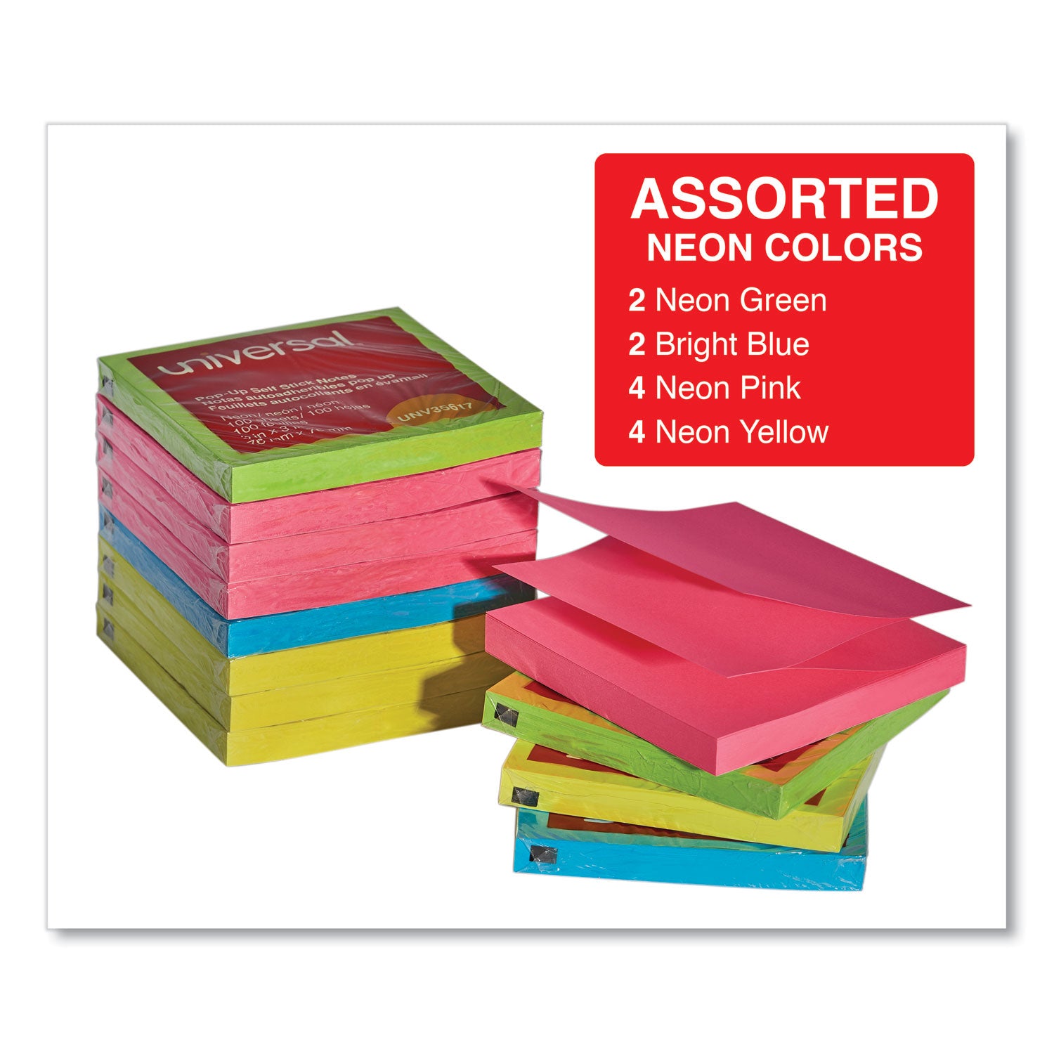Universal® Fan-Folded Self-Stick Pop-Up Note Pads, 3" x 3", Assorted Neon Colors, 100 Sheets/Pad, 12 Pads/Pack