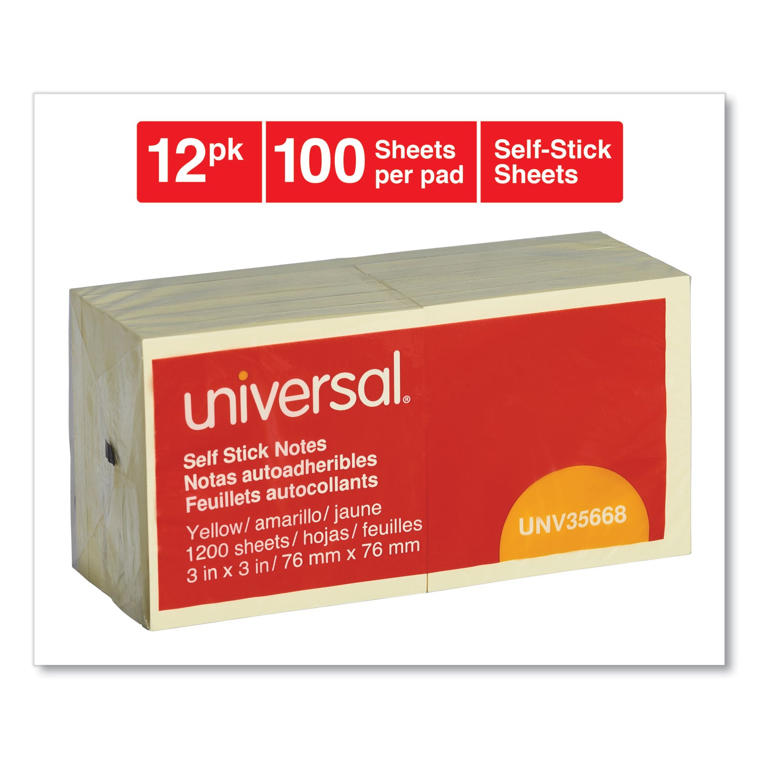 Universal® Self-Stick Note Pads, 3" x 3", Yellow, 100 Sheets/Pad, 12 Pads/Pack