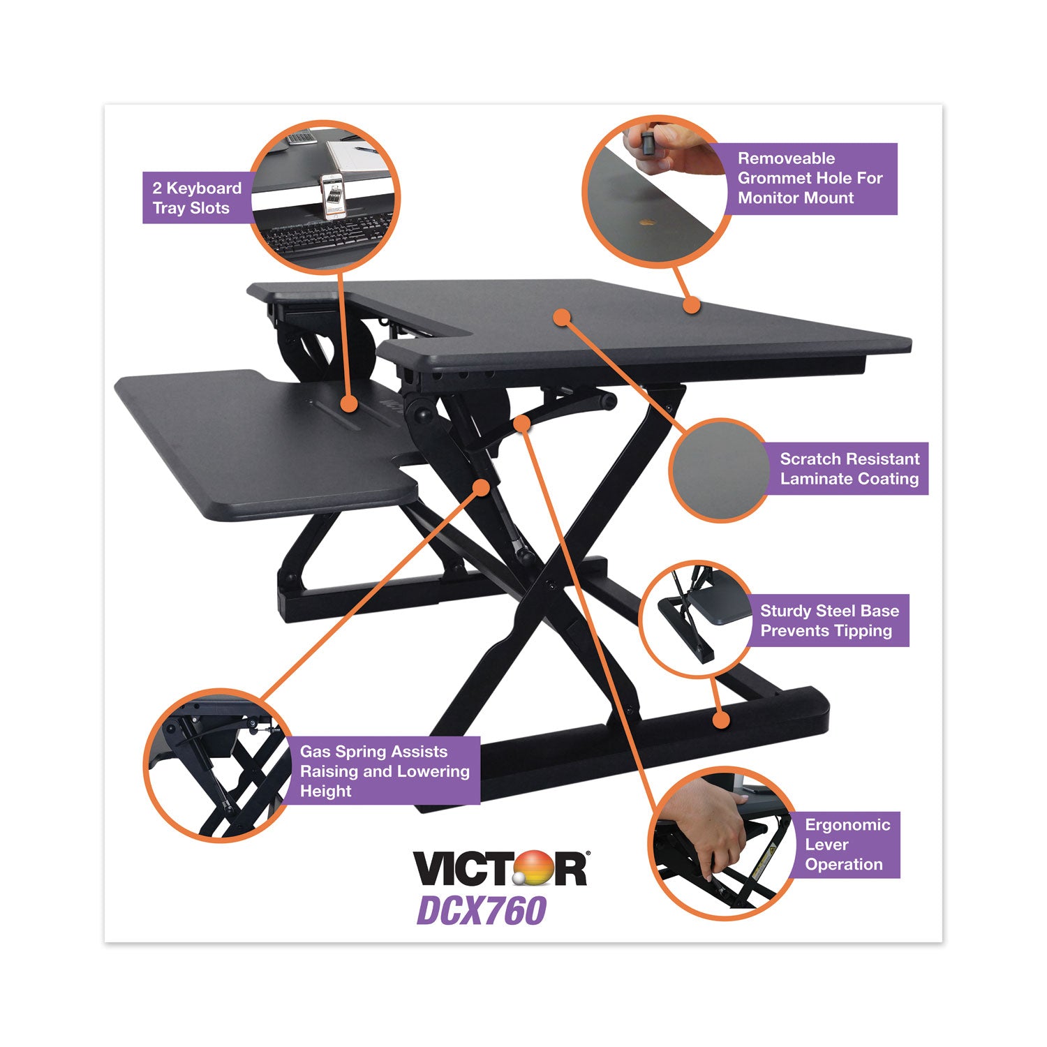 Victor® High Rise Height Adjustable Standing Desk With Keyboard Tray, 36" X 31.25" X 5.25" To 20", Gray/black