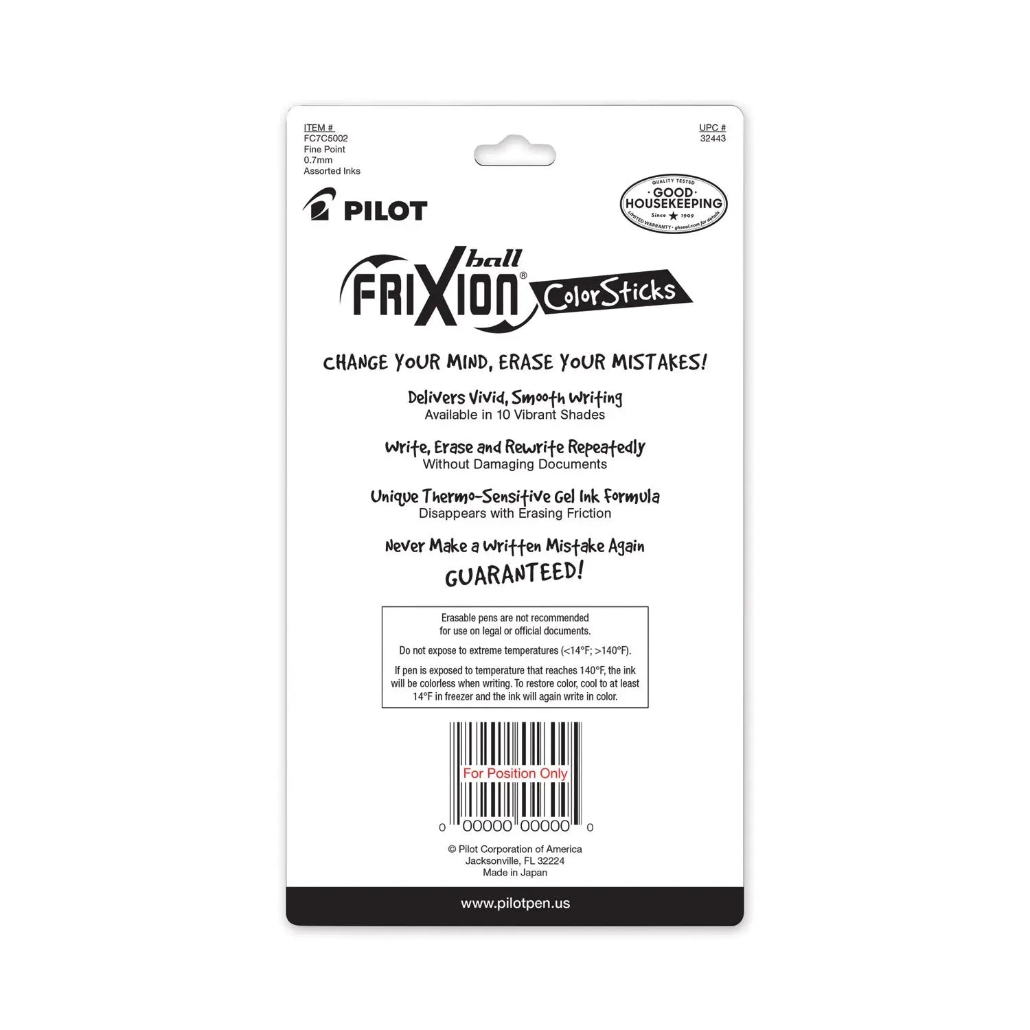 FriXion ColorSticks Erasable Gel Pen, Stick, Fine 0.7 mm, Assorted Ink and Barrel Colors, 5/Pack Pilot® Flipcost