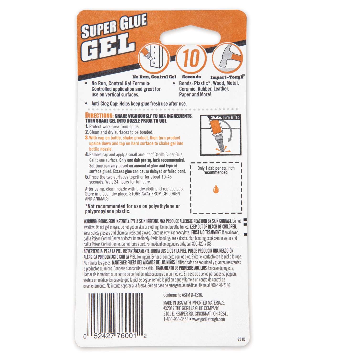 Gorilla® Super Glue Gel, 0.53 Oz, Dries Clear