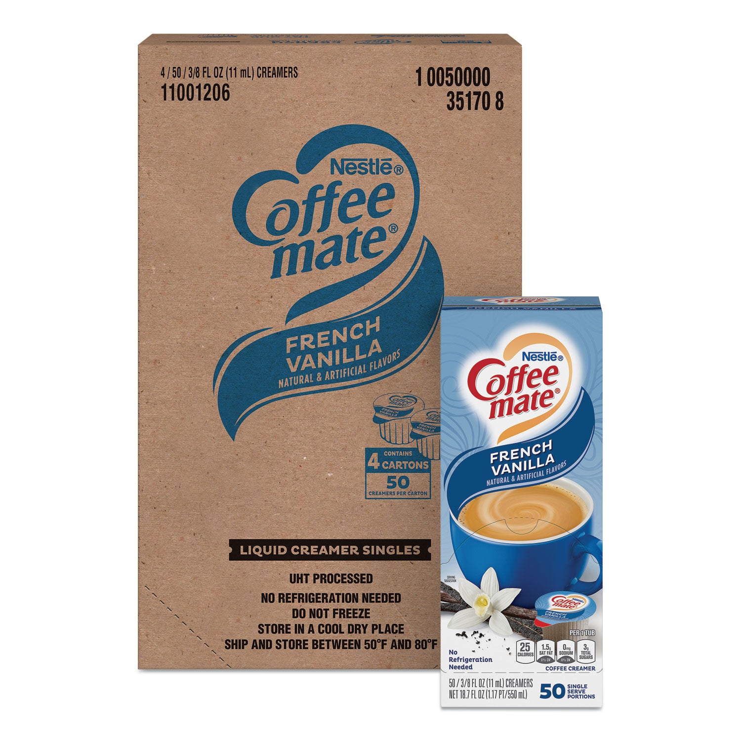 Coffee mate® Liquid Coffee Creamer, French Vanilla, 0.38 oz Mini Cups, 50/Box, 4 Boxes/Carton