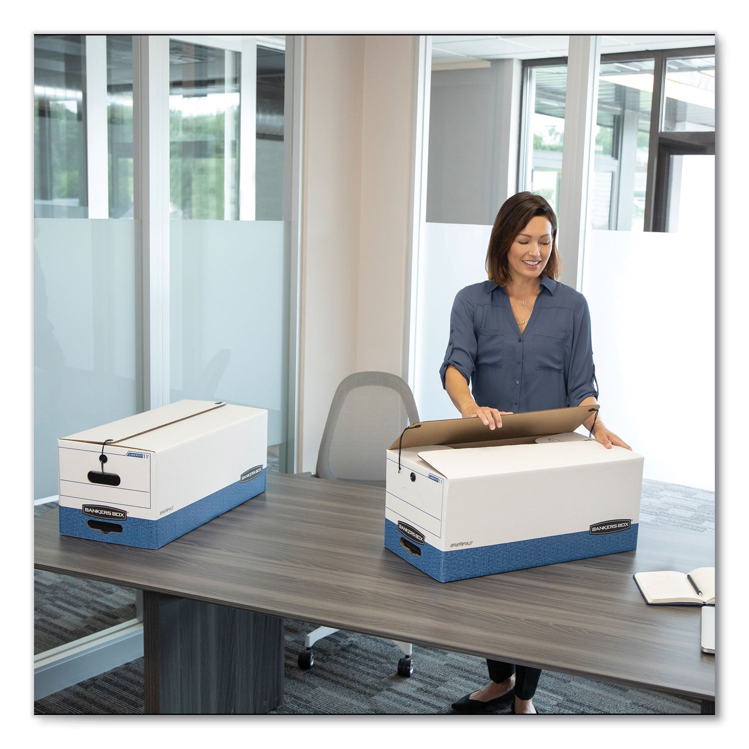 Bankers Box® Stor/file Medium-Duty Strength Storage Boxes, Legal Files, 15.25" X 24.13" X 10.75", White/blue, 12/carton