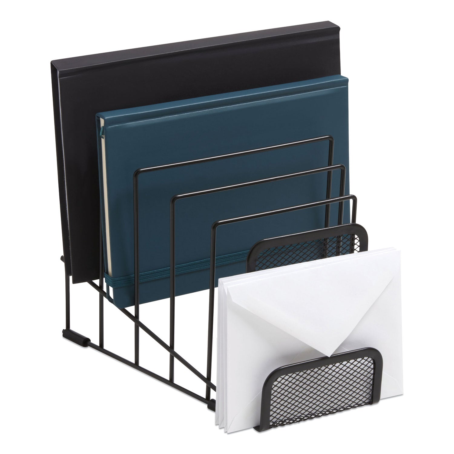 Metal Incline Sorter with Wire Mesh Mobile Device Holder, 6 Sections, 7.48 x 8.77 x 7.55, Matte Black