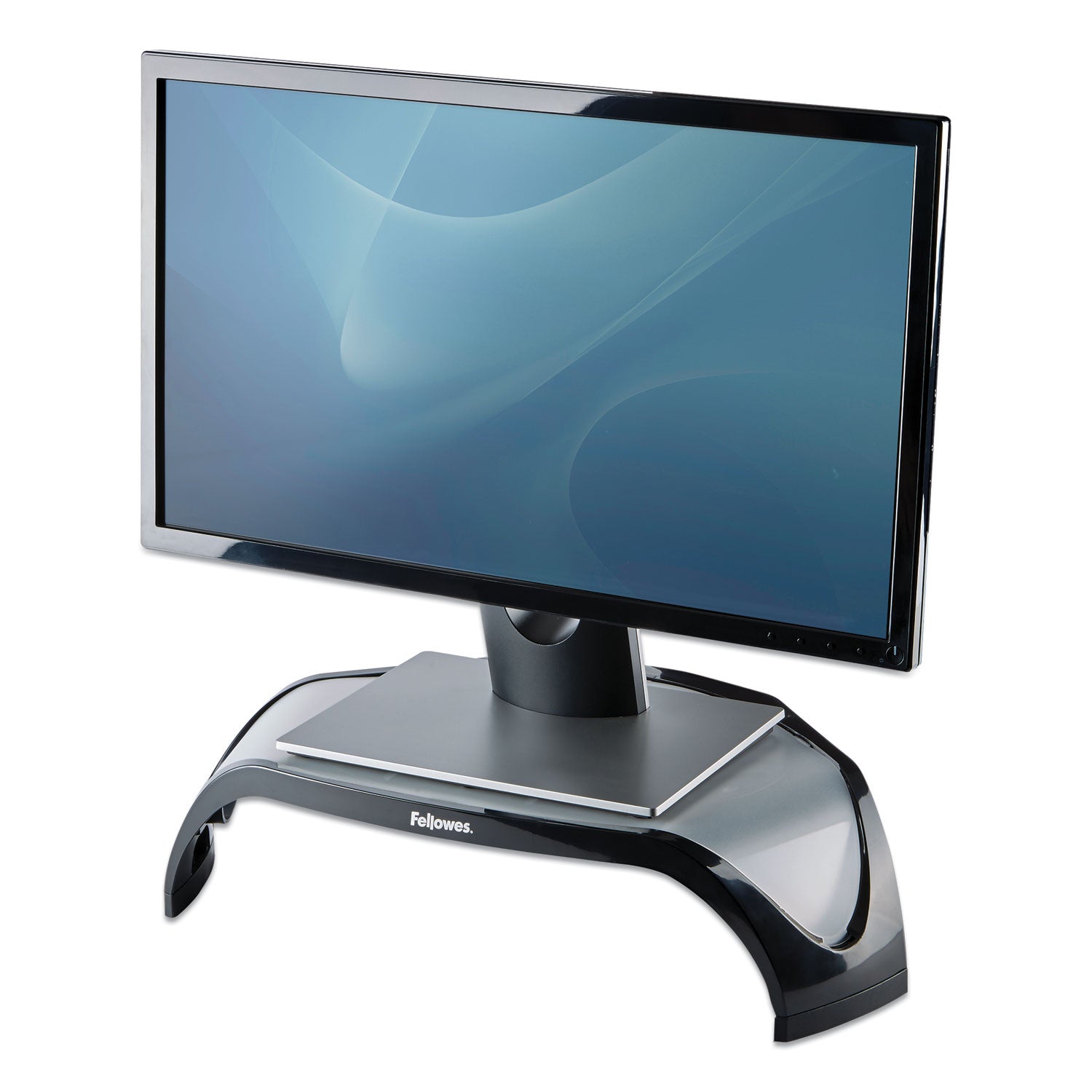 Fellowes® Smart Suites Corner Monitor Riser, For 21" Monitors, 18.5" X 12.5" X 3.88" To 5.13", Black/clear Frost, Supports 40 Lbs