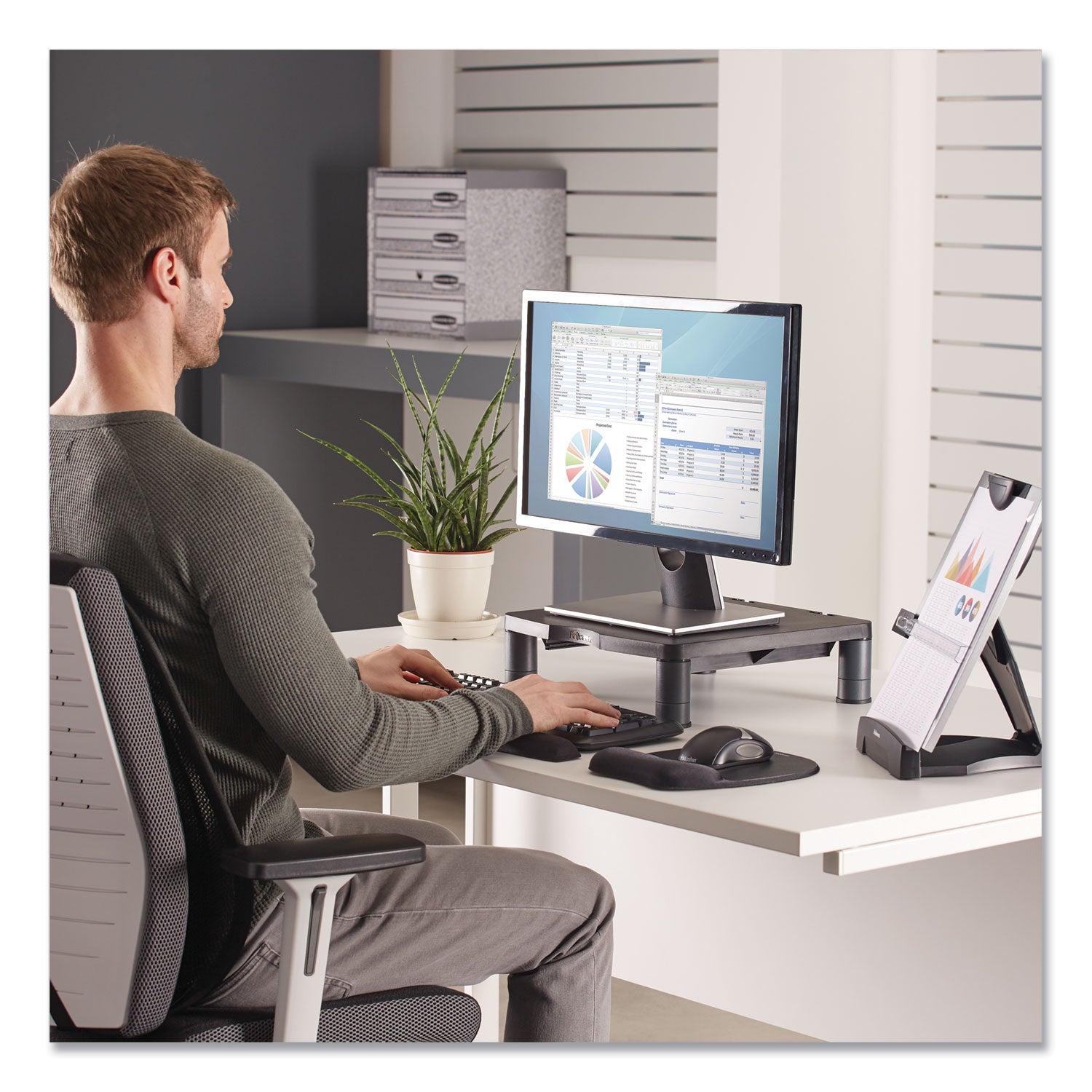 Fellowes® Standard Monitor Riser, 13.38" X 13.63" X 2" To 4", Graphite, Supports 60 Lbs
