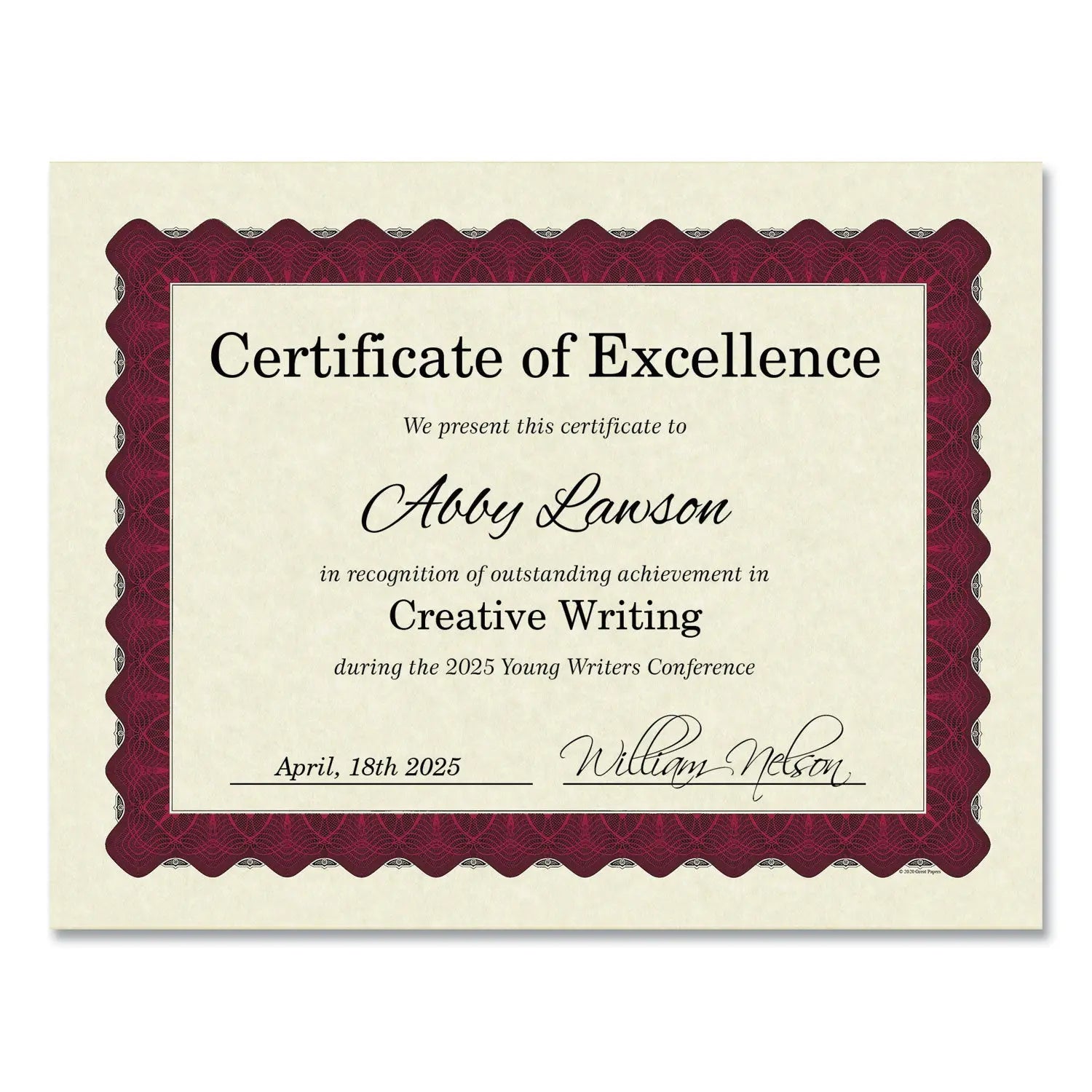 Metallic Border Certificates, 11 x 8.5, Ivory/Red with Red Border, 100/Pack
