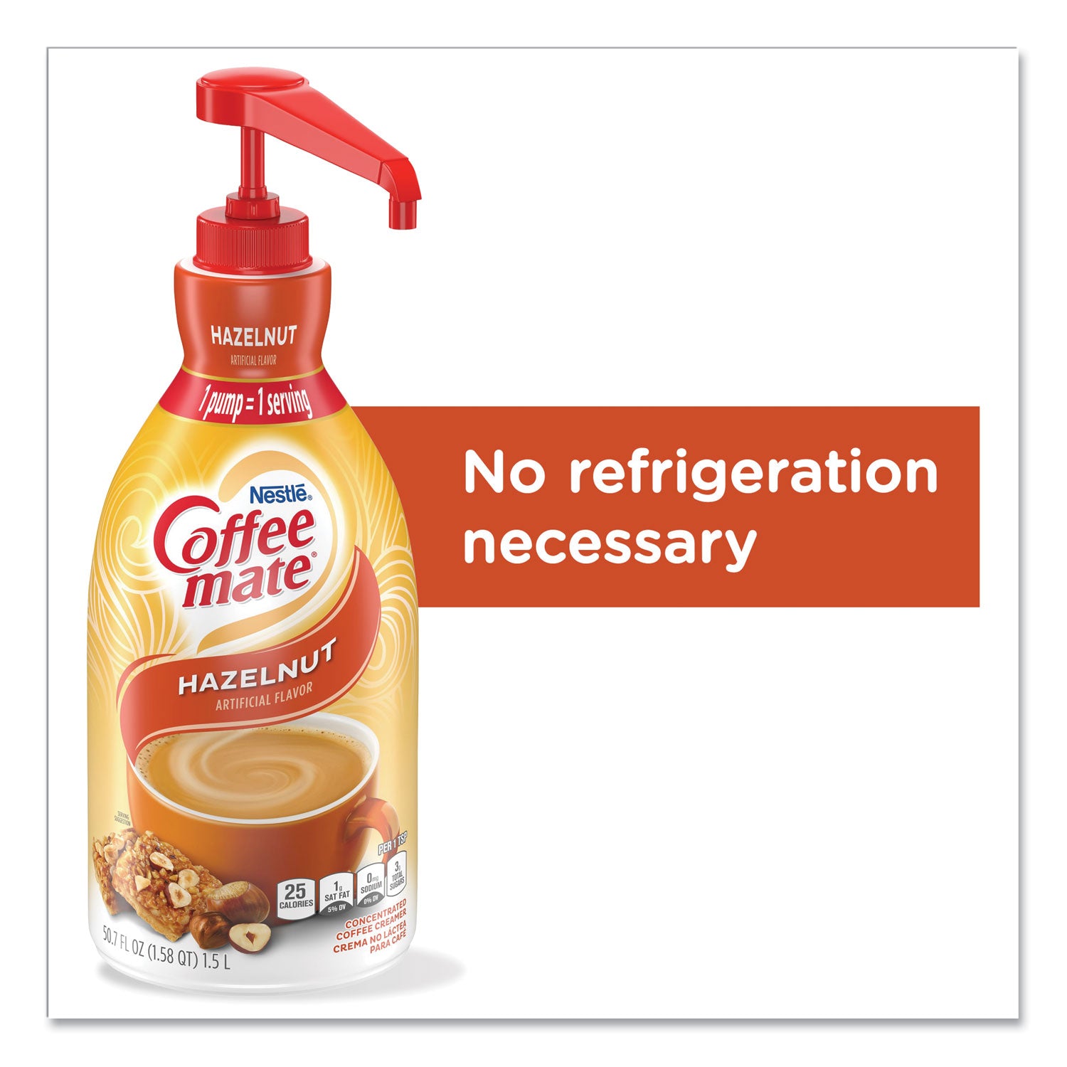 Coffee mate® Liquid Coffee Creamer, Hazelnut, 1.5 L Pump Bottle, 2/Carton