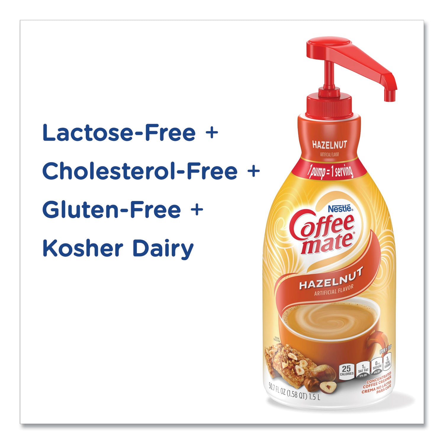 Coffee mate® Liquid Coffee Creamer, Hazelnut, 1.5 L Pump Bottle, 2/Carton