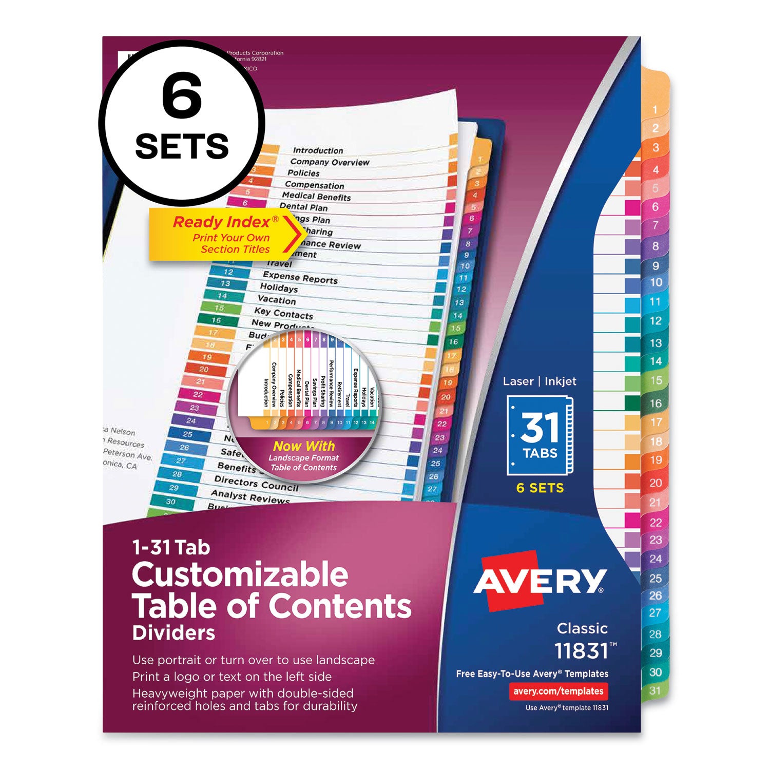 Customizable Table of Contents Ready Index Multicolor Dividers, 31-Tab, 1 to 31, 11 x 8.5, White, 6 Sets