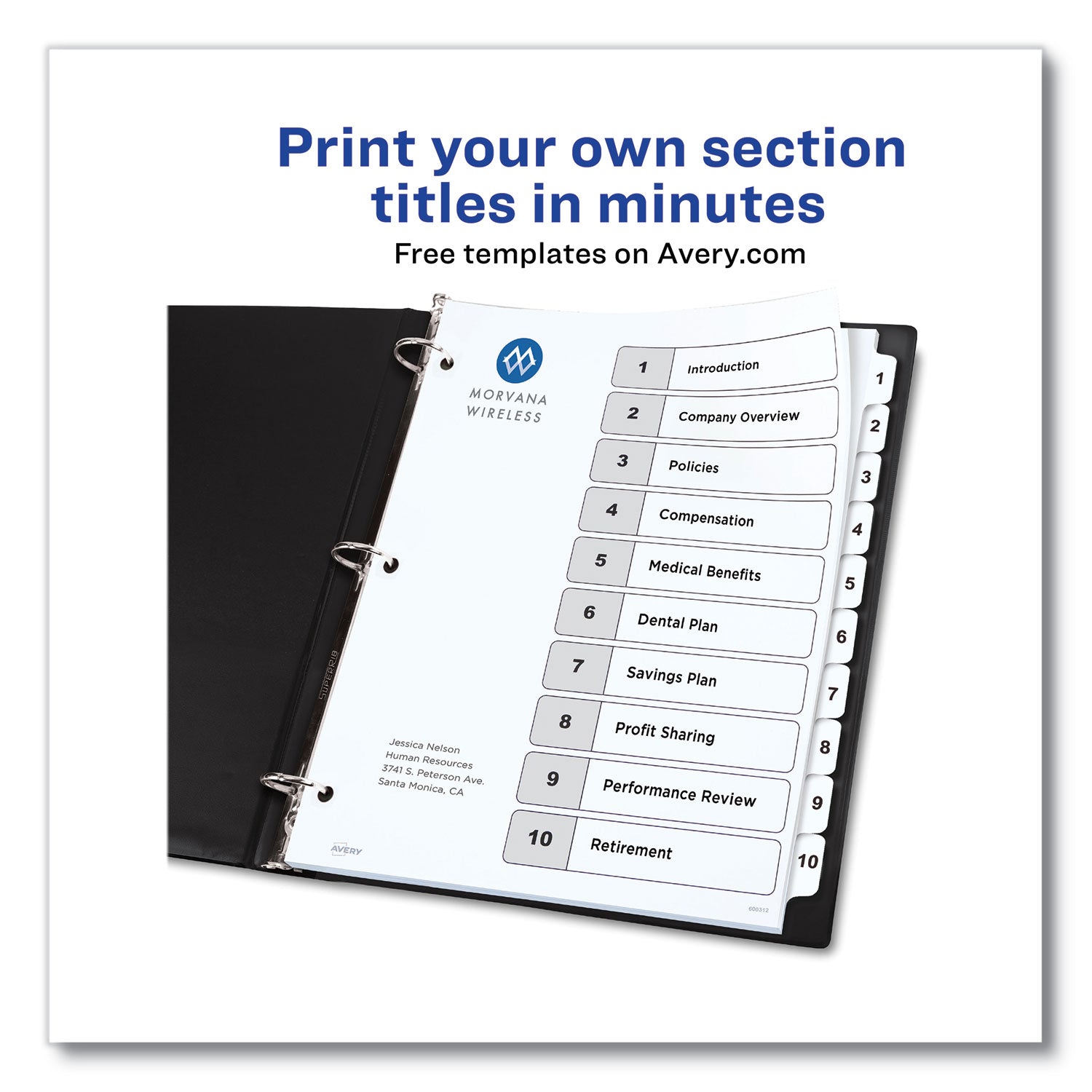 Avery® customizable table of contents ready index black and white dividers, 10-tab, 1 to 10, 11 x 8.5, white, 6 sets