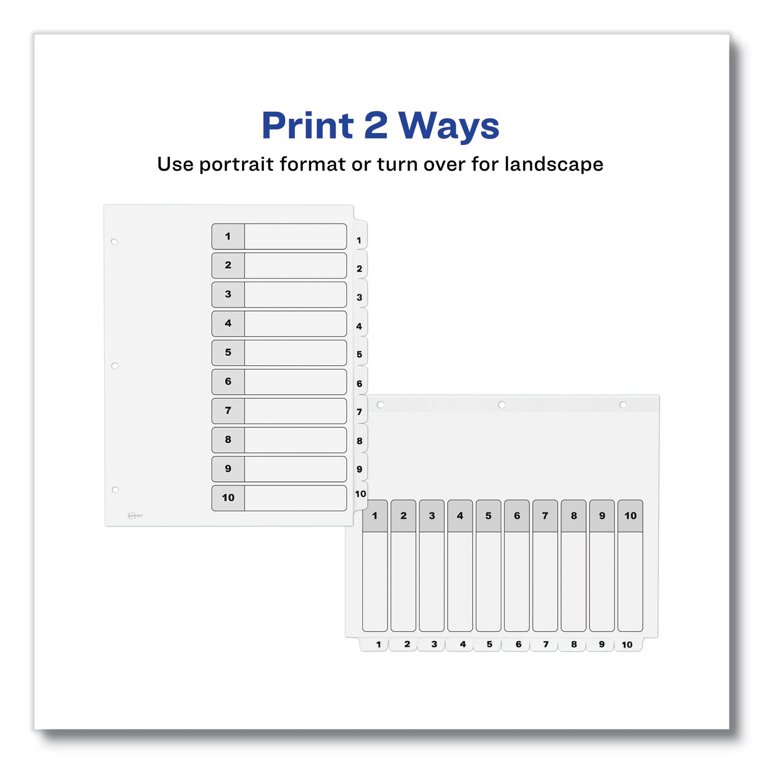 Avery® customizable table of contents ready index black and white dividers, 10-tab, 1 to 10, 11 x 8.5, white, 6 sets