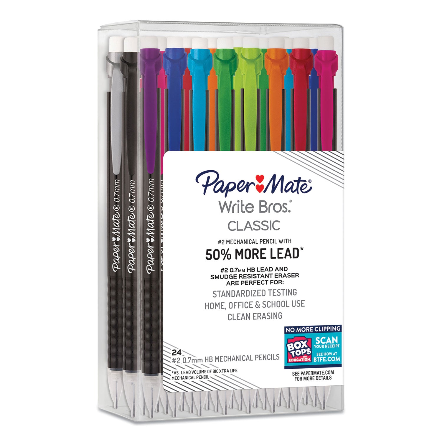 Paper Mate® WRITE BROS MECHANICAL PENCIL, 0.7 MM, HB (#2), BLACK LEAD, BLACK BARREL WITH ASSORTED CLIP COLORS, 24/BOX