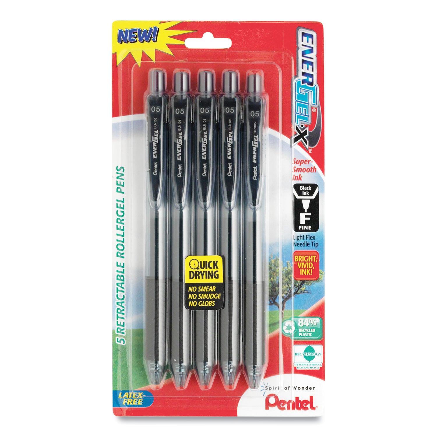 Pentel® EnerGel-X Gel Pen, Retractable, Medium 0.7 mm, Black Ink, Smoke/Black Barrel, 5/Pack