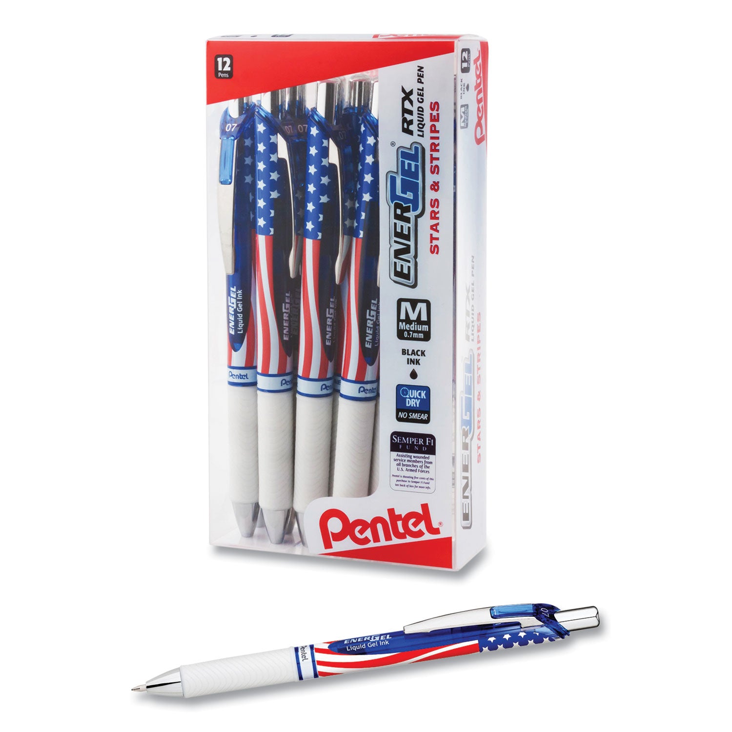 Pentel® Energel Rtx Stars And Stripes Gel Pen, Retractable, Medium 0.7 Mm, Black Ink, Red/white/blue Barrel, Dozen