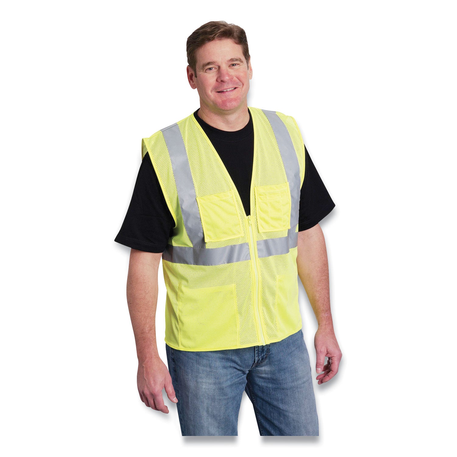 PIP ANSI Class 2 Four Pocket Zipper Safety Vest, Polyester Mesh, 4X-Large, Hi-Viz Lime Yellow