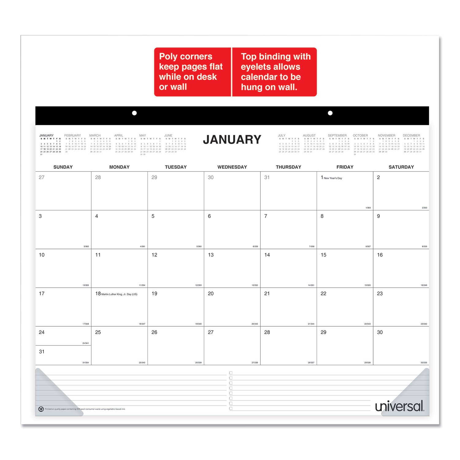 Universal® Desk Pad Calendar, 22 x 17, White Sheets, Black Binding, Clear Corners, 12-Month (Jan to Dec): 2025