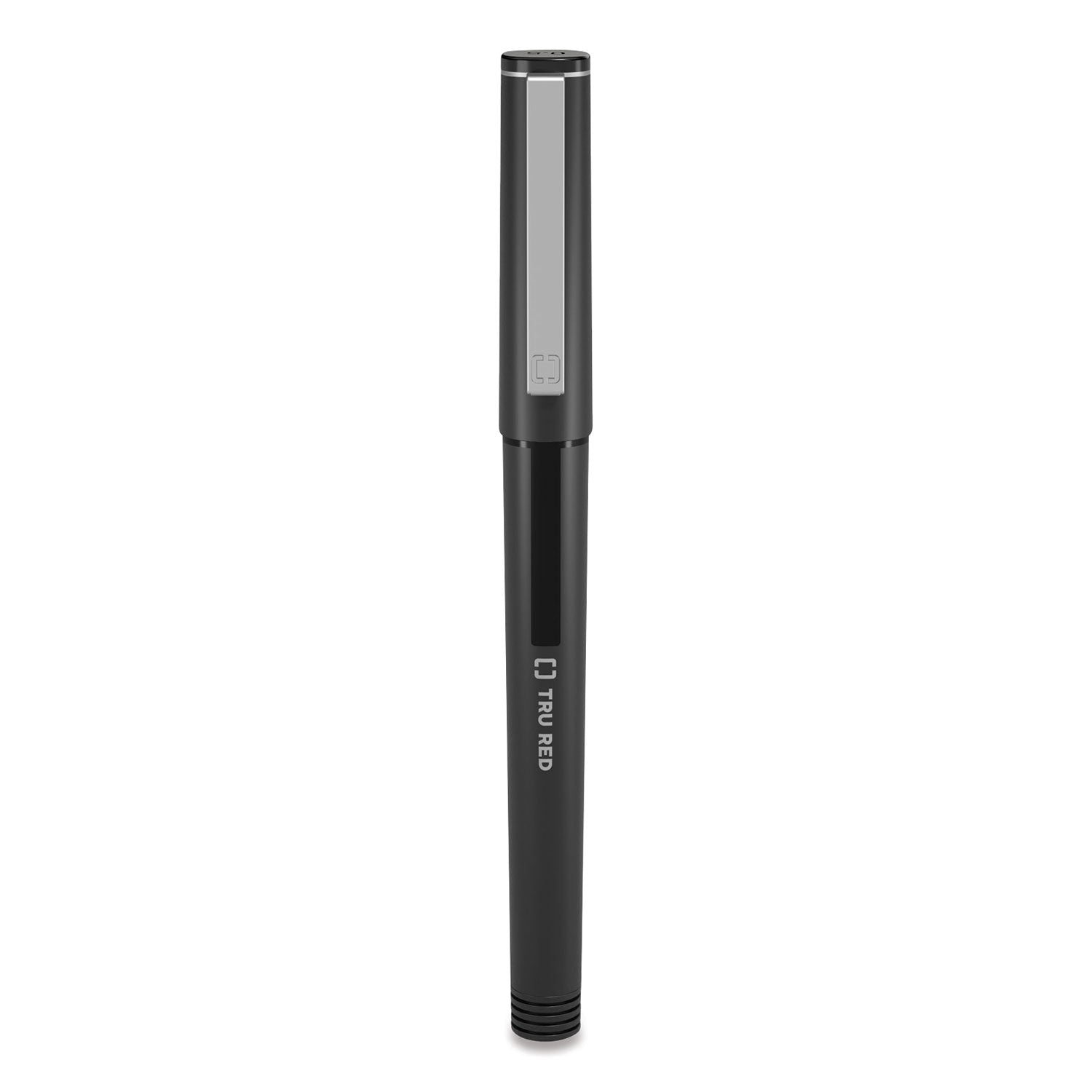 TRU RED™ Rollerball Pen, Stick, Fine 0.5 mm, Black Ink, Black/Clear Barrel, Dozen