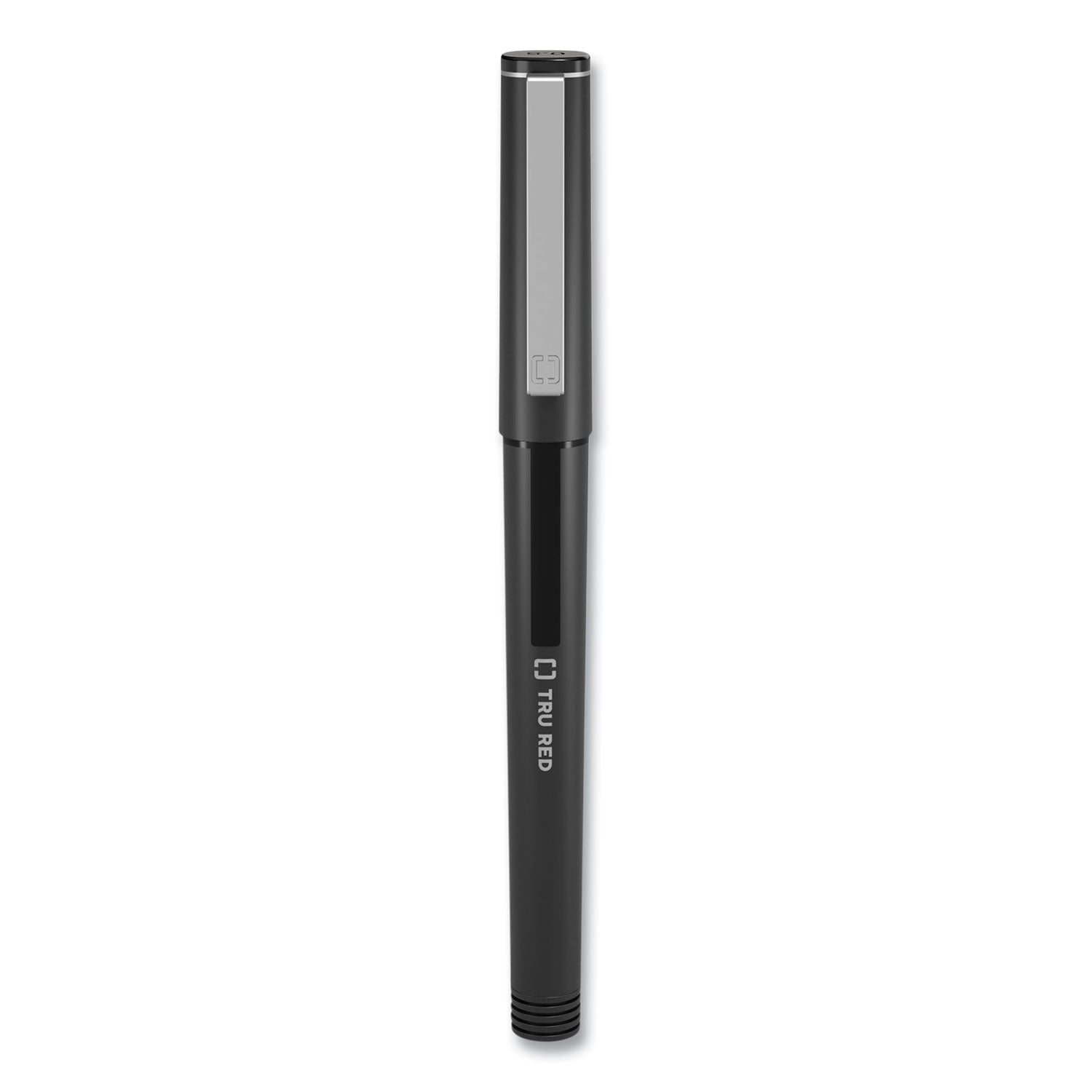 TRU RED™ Rollerball Pen, Stick, Fine 0.5 mm, Black Ink, Black/Clear Barrel, Dozen