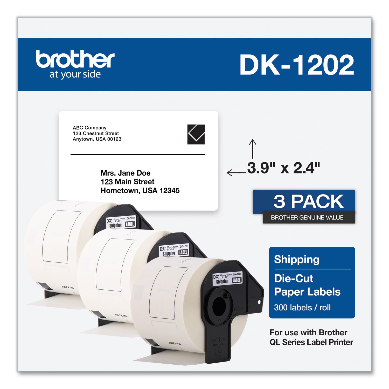 Die-Cut Shipping Labels, 2.4 x 3.9, White, 300 Labels/Roll, 3 Rolls/Pack