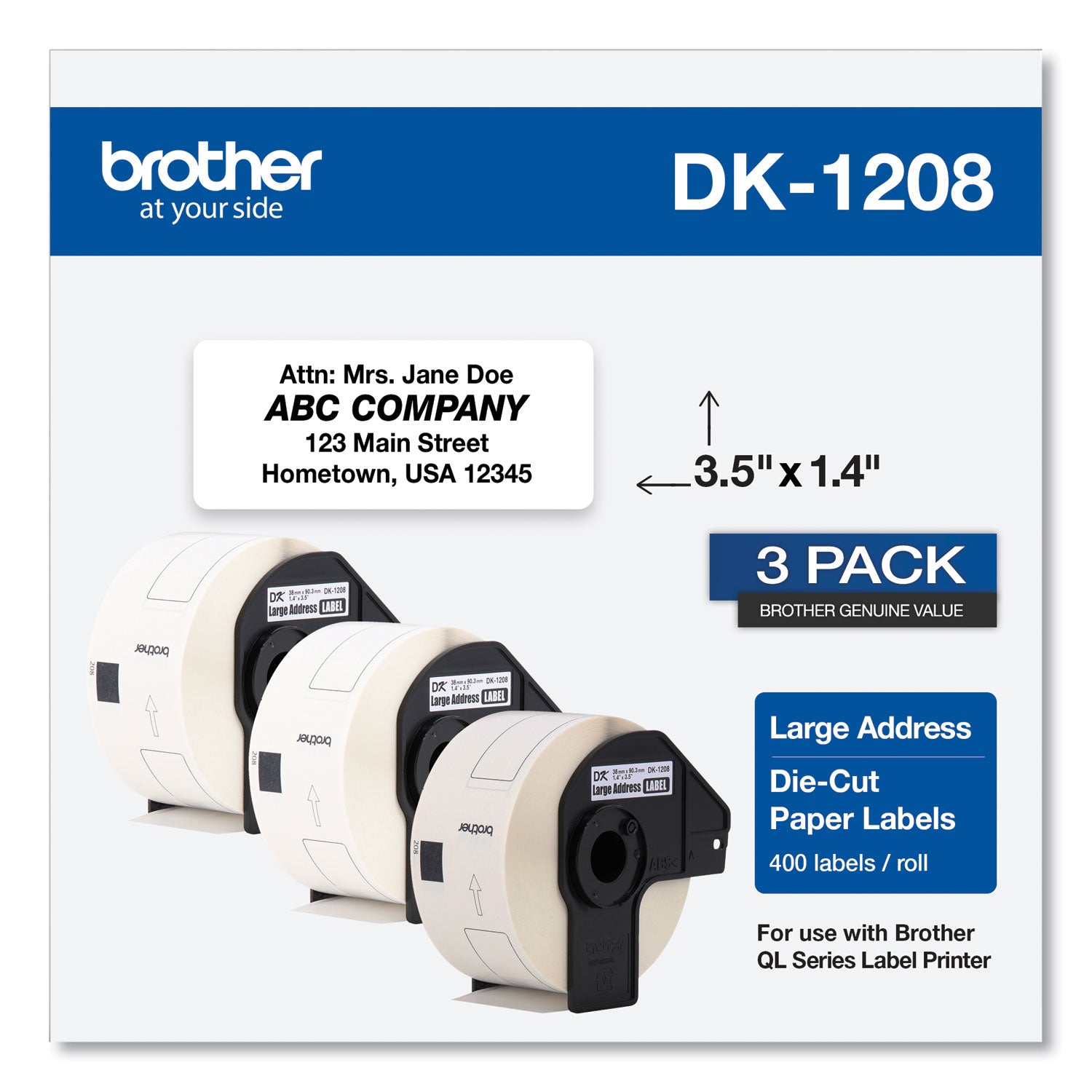 Die-Cut Address Labels, 1.4 x 3.5, White, 400 Labels/Roll, 3 Rolls/Pack