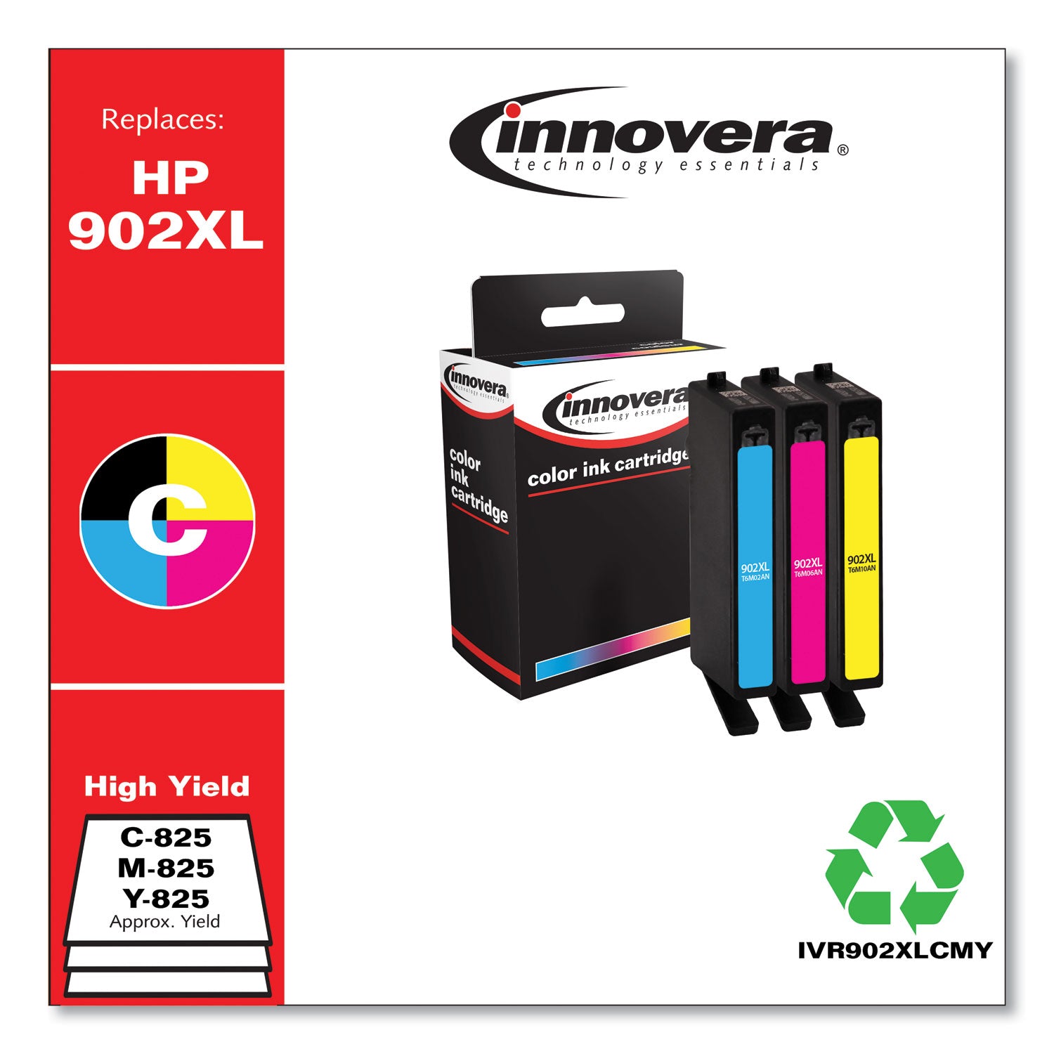 Innovera® Remanufactured Cyan/Magenta/Yellow High-Yield Ink, Replacement for 902XL (T6M02AN), 825 Page-Yield