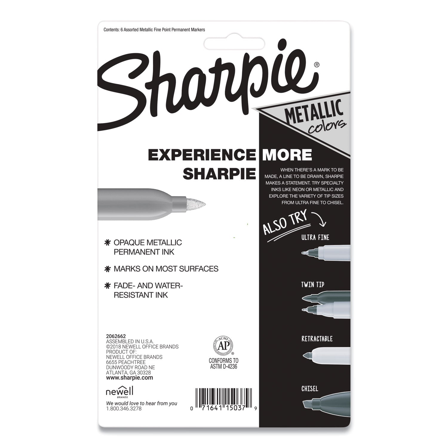 Sharpie® Metallic Fine Point Permanent Markers, Fine Bullet Tip, Blue-Green-Red, 6/pack