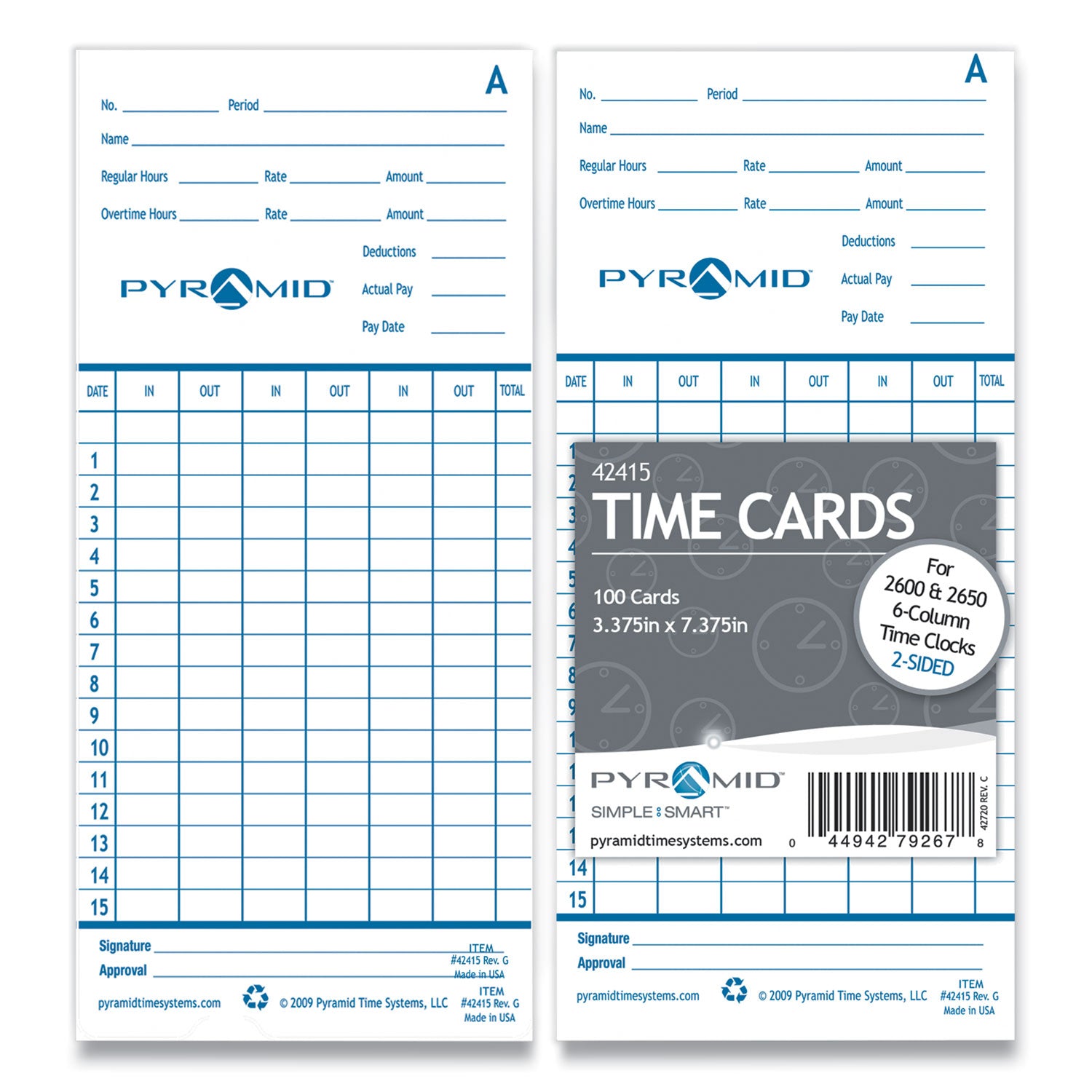 Pyramid Technologies Time Clock Cards For Pyramid Technologies 2000/6000, Two Sides, 3.38 X 7.44, 100/pack