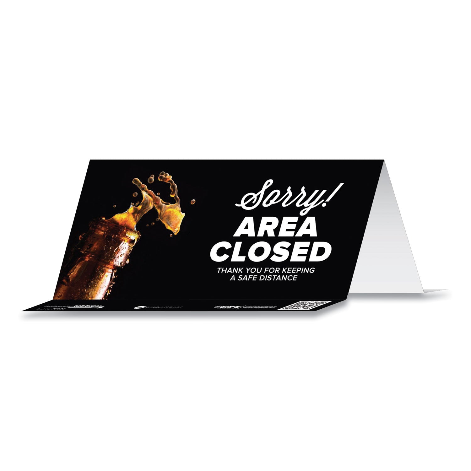 Tabbies® Besafe Messaging Table Top Tent Card, 8 X 3.87, Sorry! Area Closed Thank You For Keeping A Safe Distance, Black, 100/carton