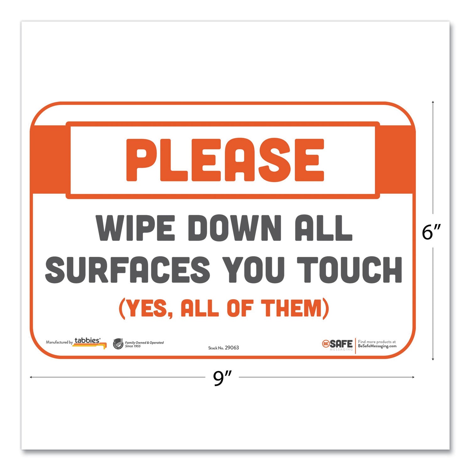 Tabbies® Besafe Messaging Repositionable Wall/door Signs, 9 X 6, Please Wipe Down All Surfaces You Touch, White, 3/pack