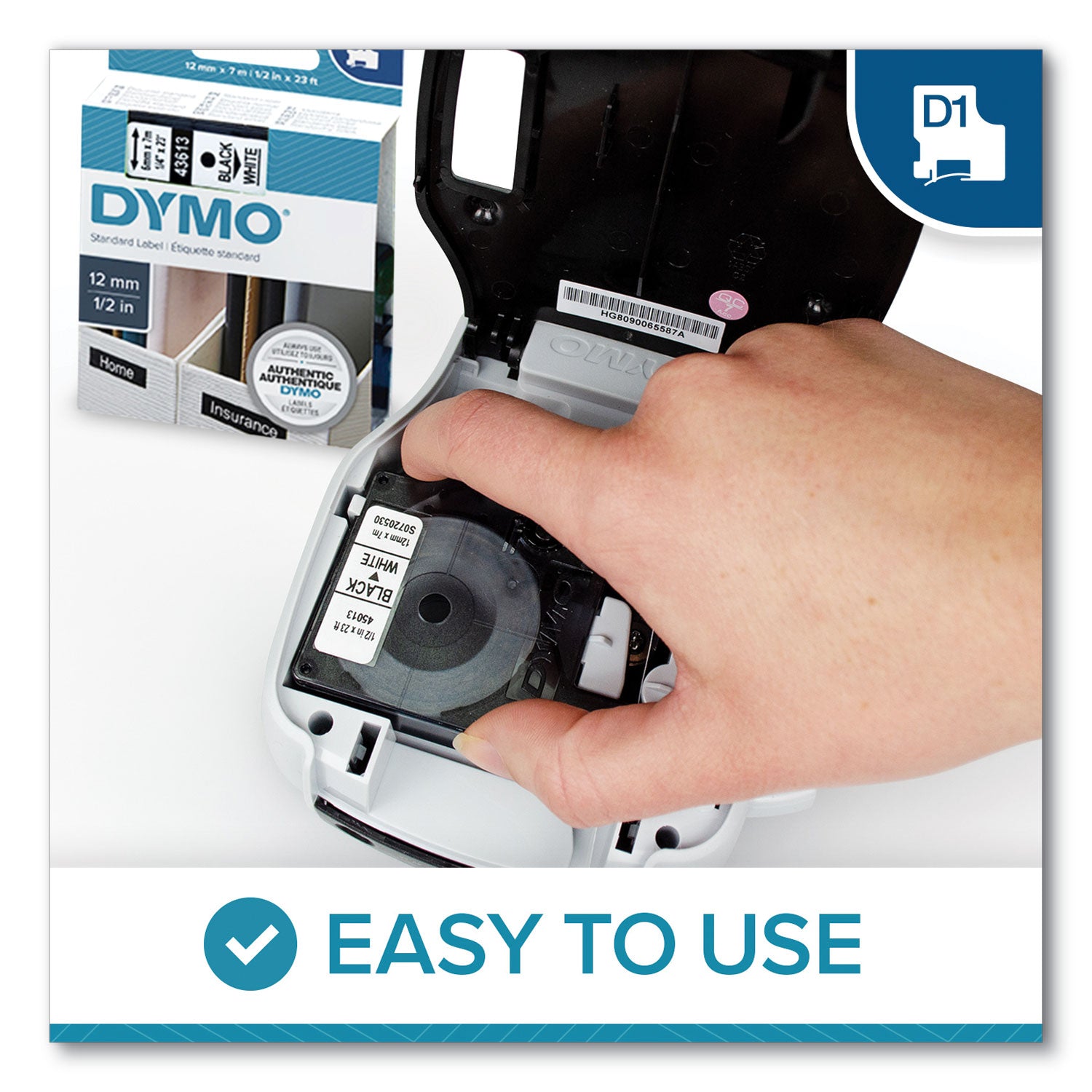 DYMO® D1 High-Performance Polyester Removable Label Tape, 0.5" X 23 Ft, Black On White