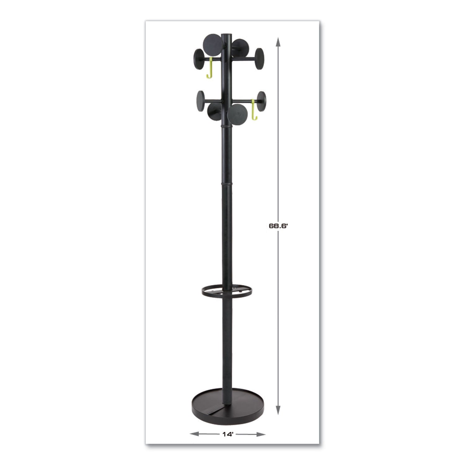 Alba™ Stan3 Steel Coat Rack, Stand Alone Rack, Eight Knobs, 15w X 15d X 69.3h, Black