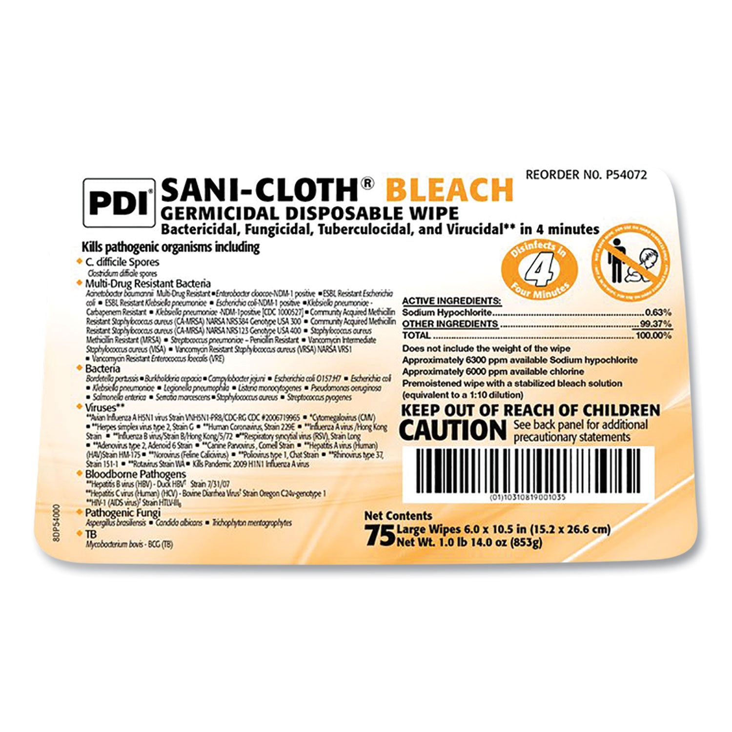 Sani Professional® Sani-Cloth Bleach Germicidal Disposable Wipes, Deep-Well Lid Canister, 10.5 X 6, 75/canister