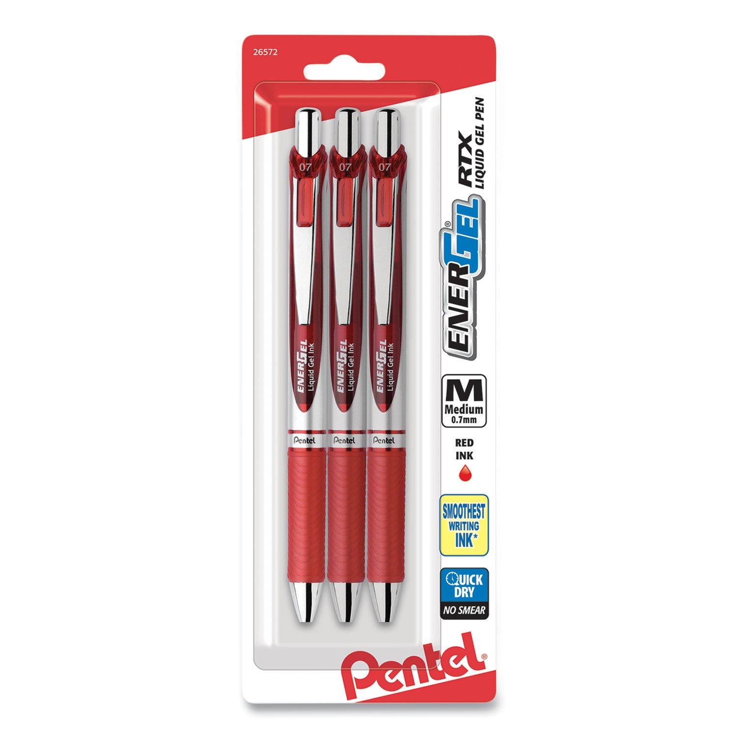 Pentel® EnerGel RTX Gel Pen, Retractable, Medium 0.7 mm, Red Ink, Red/Gray Barrel, 3/Pack