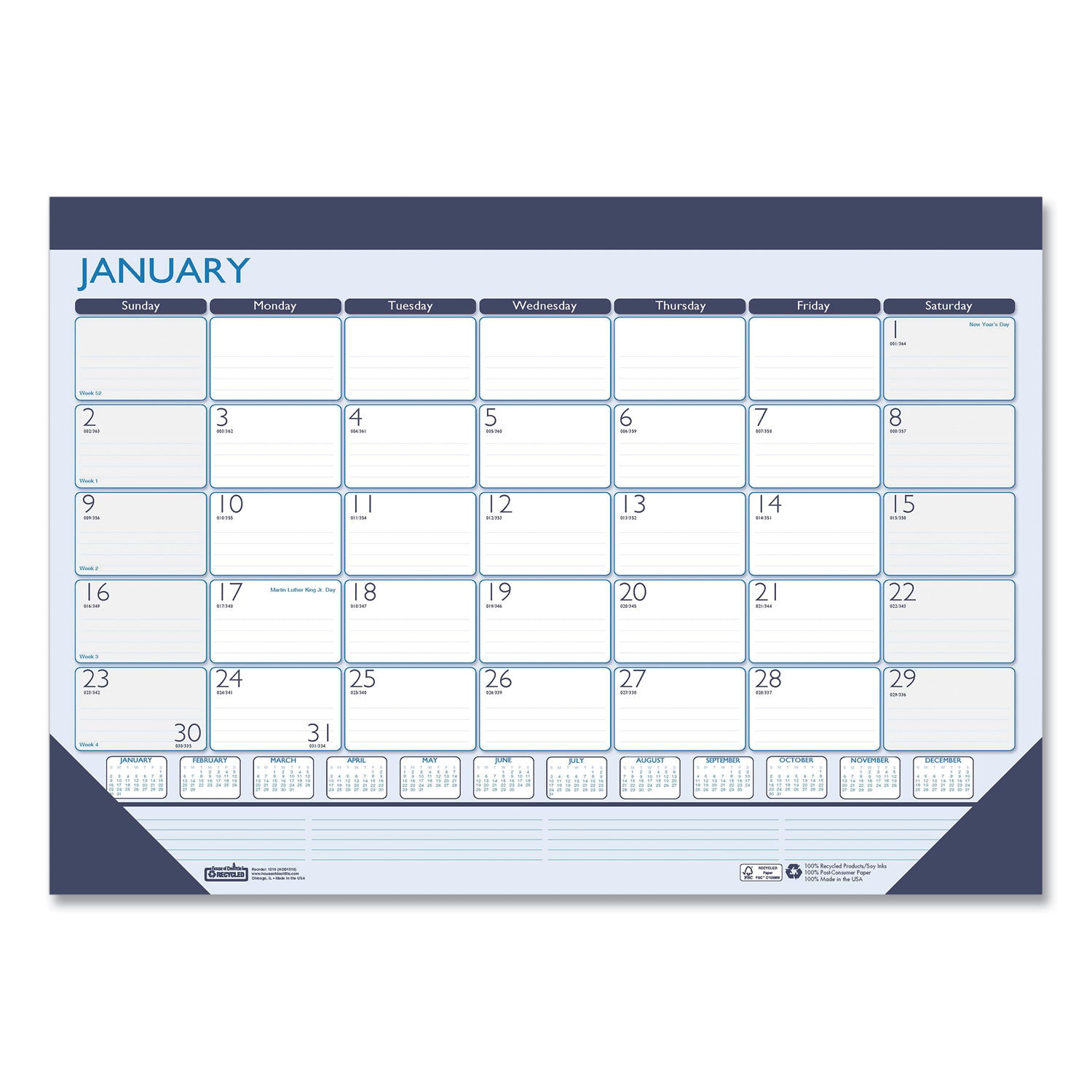 Recycled Contempo Desk Pad Calendar, 22 x 17, White/Blue Sheets, Blue Binding, Blue Corners, 12-Month (Jan to Dec): 2025