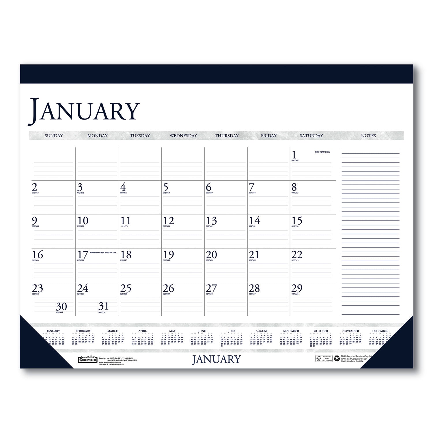 Recycled Two-Color Monthly Desk Pad Calendar with Notes Section, 22 x 17, Blue Binding/Corners, 12-Month (Jan-Dec): 2025