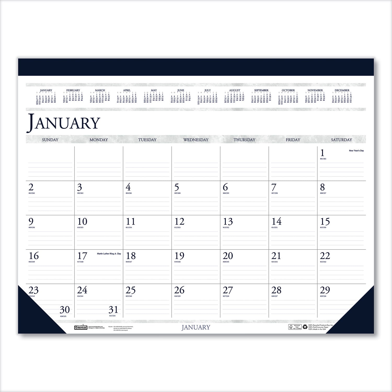 Recycled Two-Color Monthly Desk Pad Calendar, 18.5 x 13, Perforated White/Blue/Gray Sheets, 12-Month (Jan-Dec): 2025
