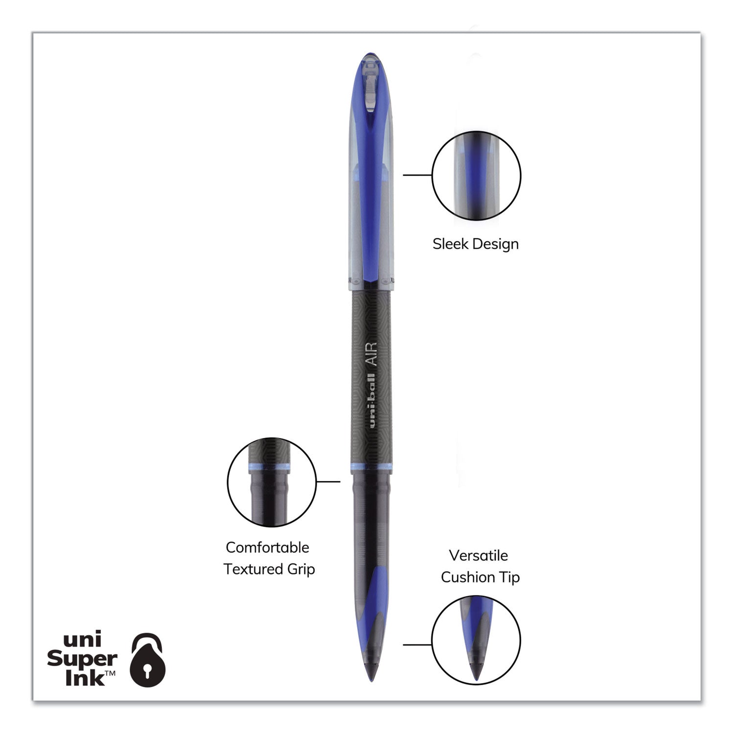 uniball® Air Porous Gel Pen, Stick, Medium 0.7 Mm, Blue Ink, Black/blue Barrel, 3/pack