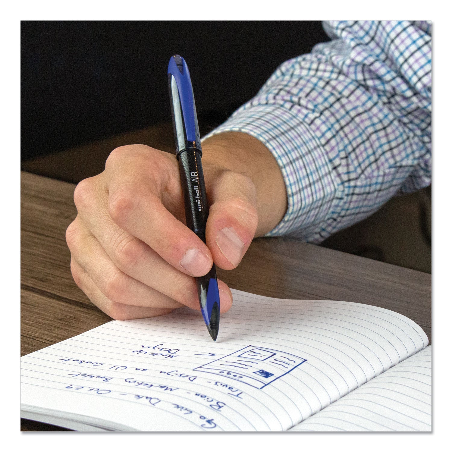 uniball® Air Porous Gel Pen, Stick, Medium 0.7 Mm, Blue Ink, Black/blue Barrel, 3/pack