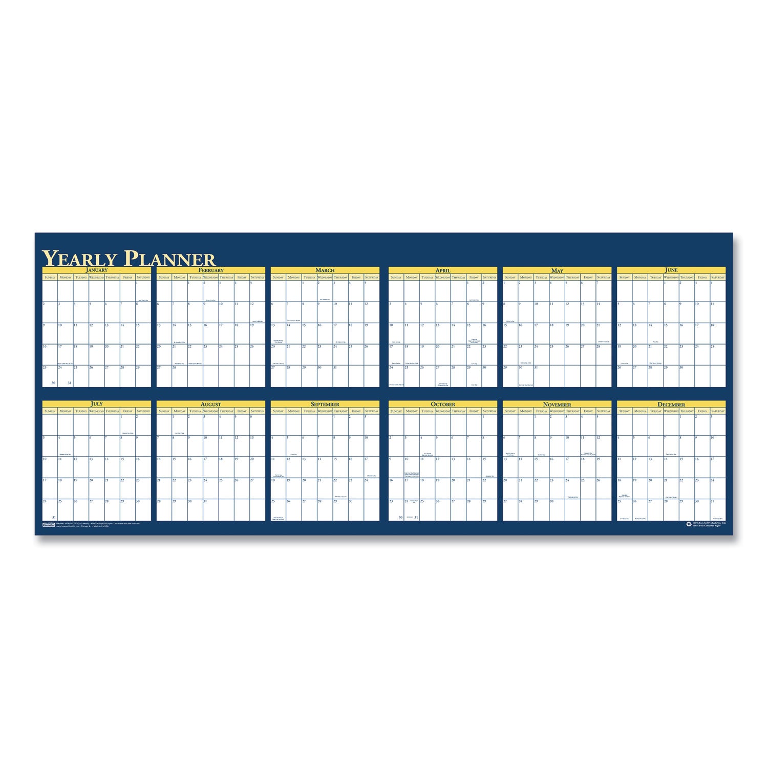 House of Doolittle™ Recycled Reversible Yearly Wall Planner, 60 x 26, White/Blue/Yellow Sheets, 12-Month (Jan to Dec): 2025